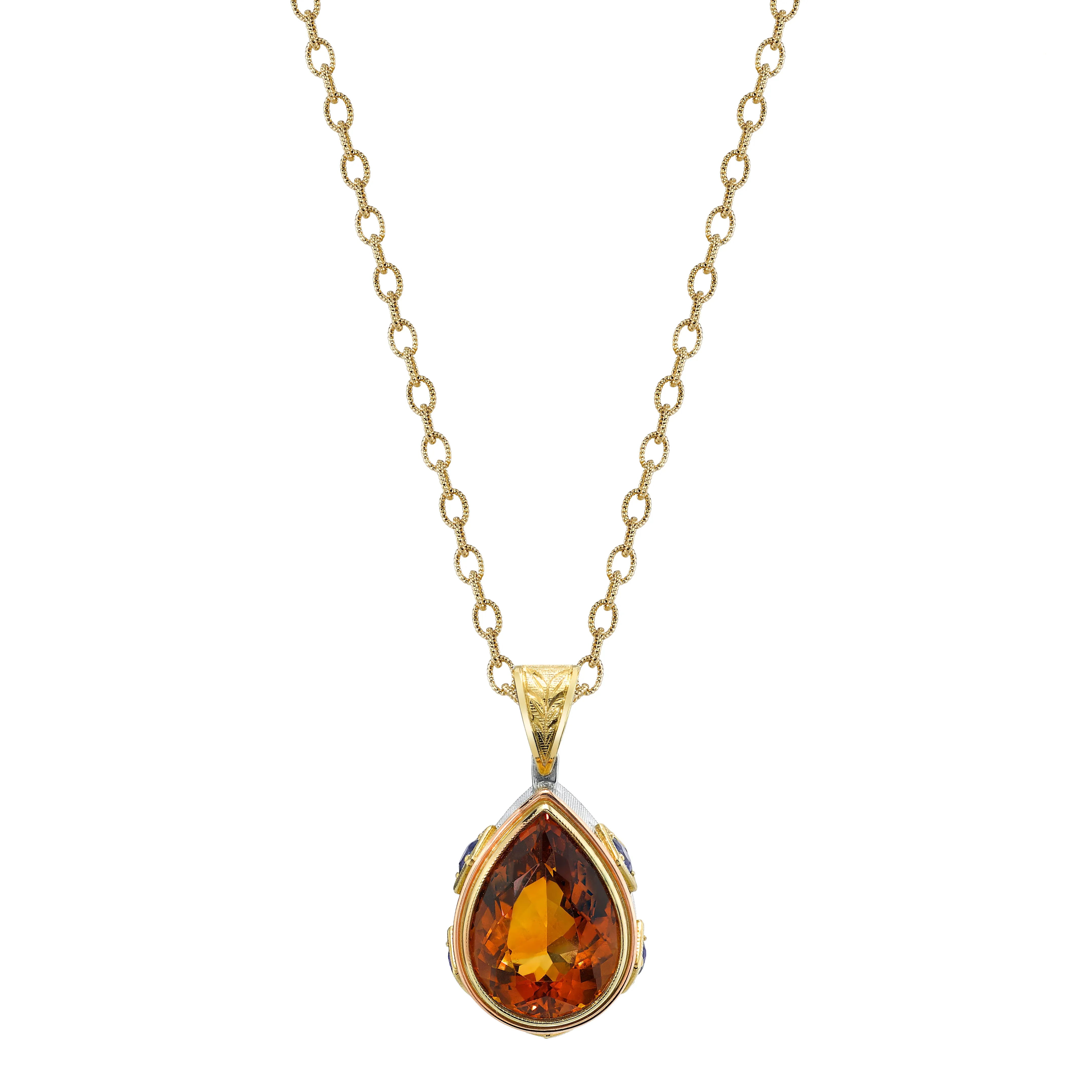 8.20 ct. Citrine Pear and Sapphire Yellow Gold Handmade Pendant Drop Necklace