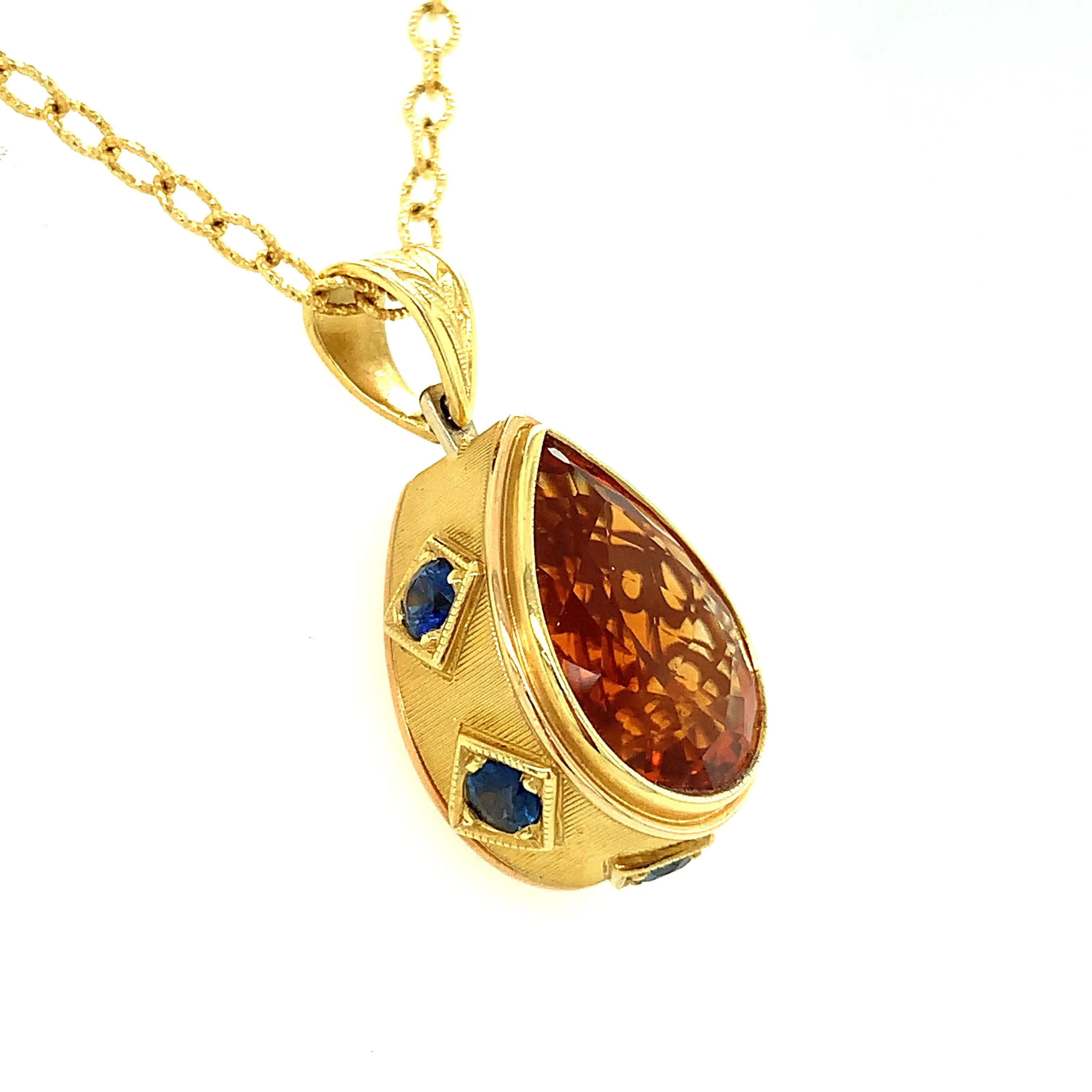 8.20 ct. Citrine Pear and Sapphire Yellow Gold Handmade Pendant Drop Necklace