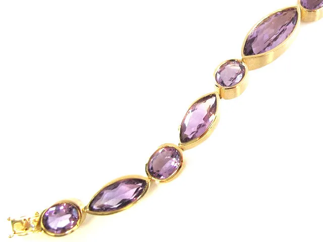 82.64 Carat Total Amethyst Marquise & Oval Bezel Yellow Gold Tennis Bracelet