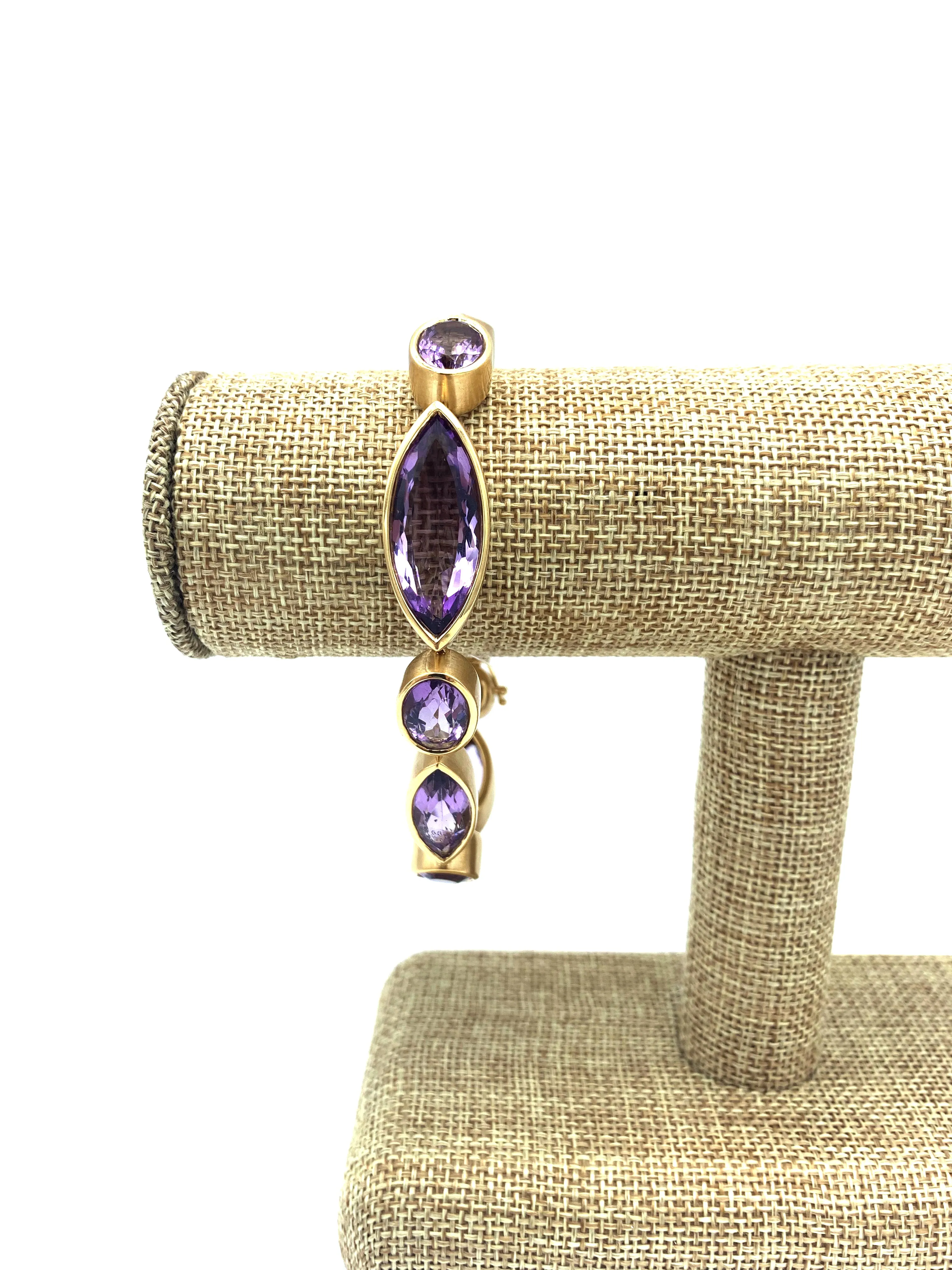 82.64 Carat Total Amethyst Marquise & Oval Bezel Yellow Gold Tennis Bracelet