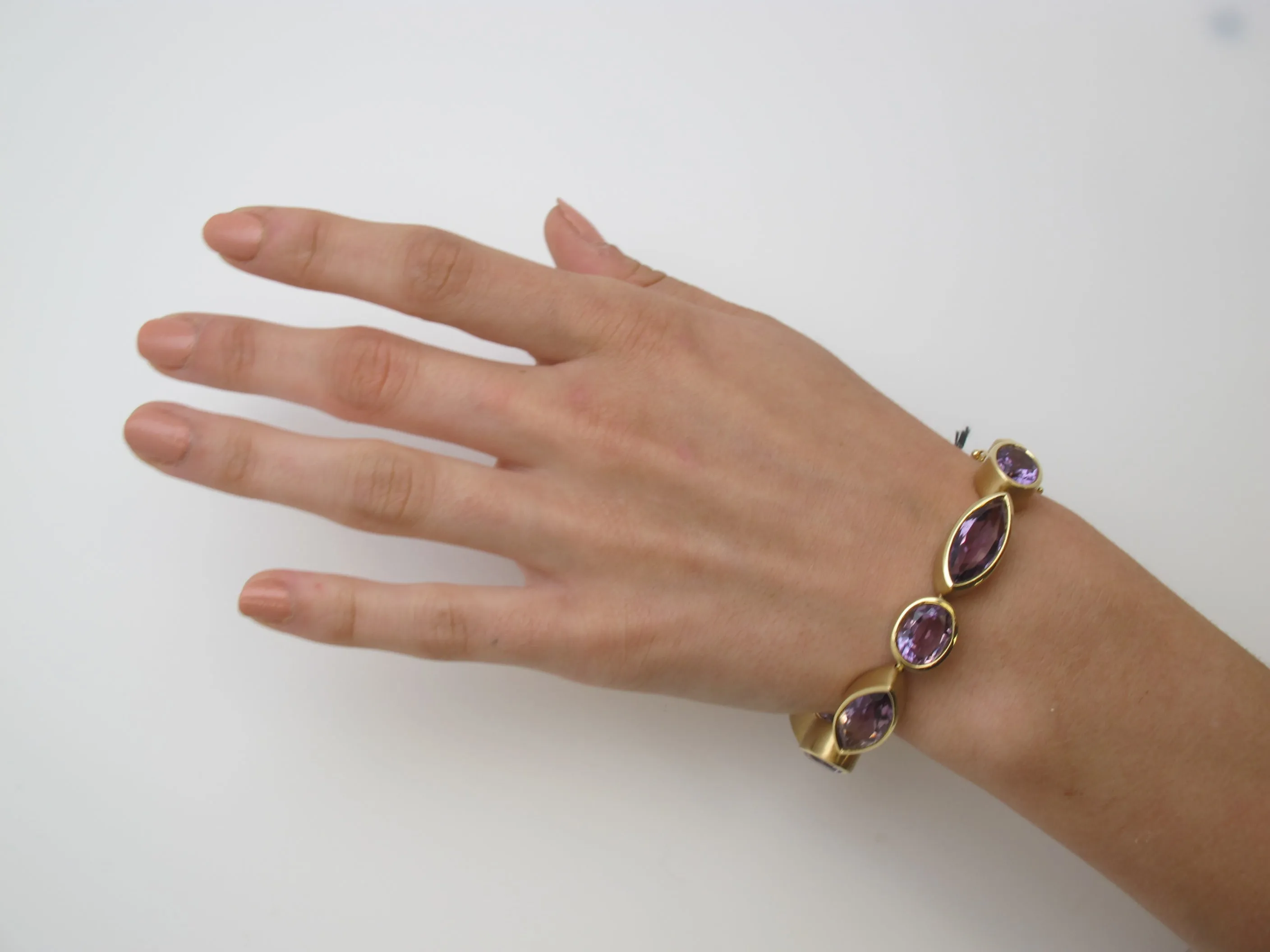 82.64 Carat Total Amethyst Marquise & Oval Bezel Yellow Gold Tennis Bracelet