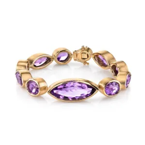 82.64 Carat Total Amethyst Marquise & Oval Bezel Yellow Gold Tennis Bracelet