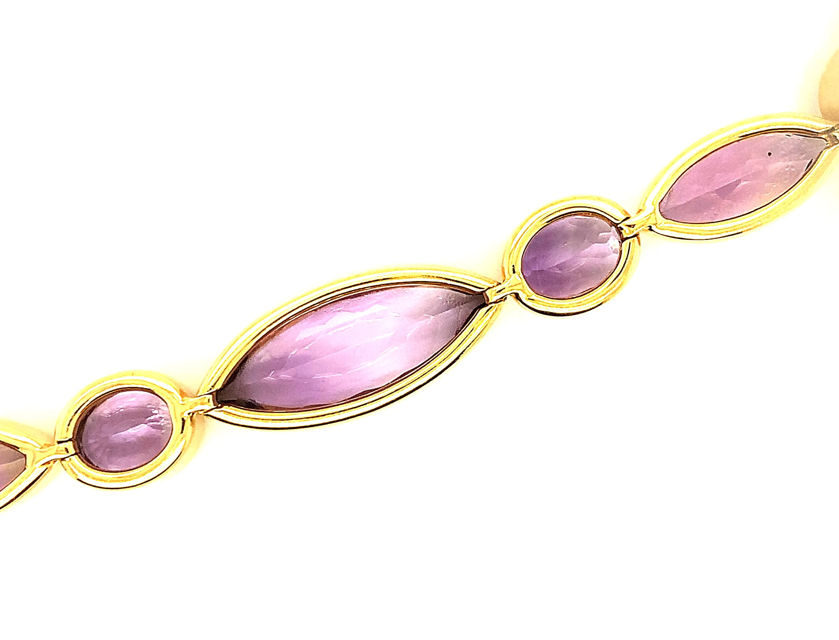 82.64 Carat Total Amethyst Marquise & Oval Bezel Yellow Gold Tennis Bracelet