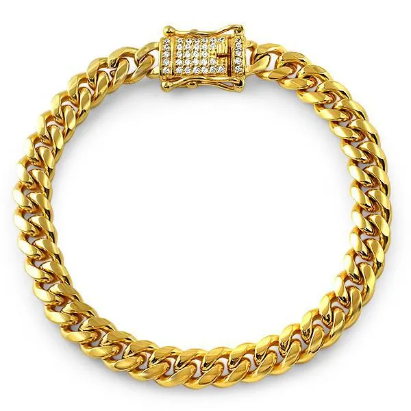 8mm Gold Cuban Bracelet With CZ Diamond Lock