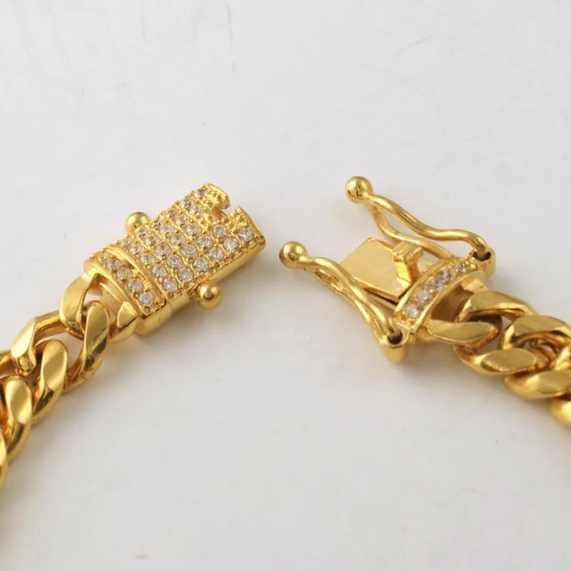 8mm Gold Cuban Bracelet With CZ Diamond Lock