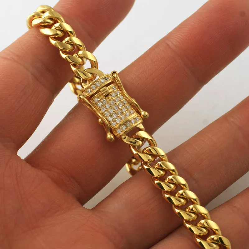 8mm Gold Cuban Bracelet With CZ Diamond Lock