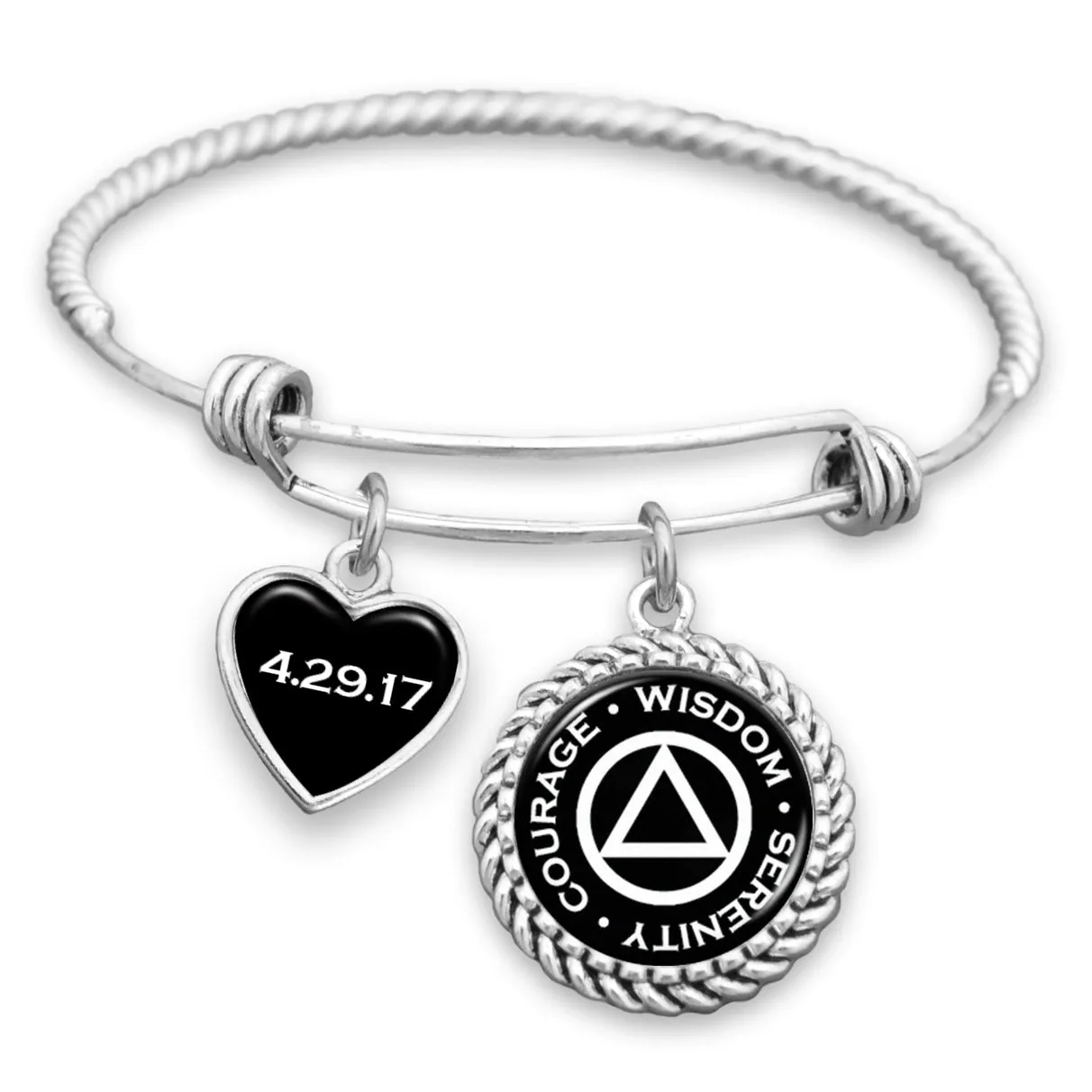 AA Serenity Courage Wisdom Personalized Sobriety Date Charm Bracelet