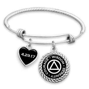 AA Serenity Courage Wisdom Personalized Sobriety Date Charm Bracelet
