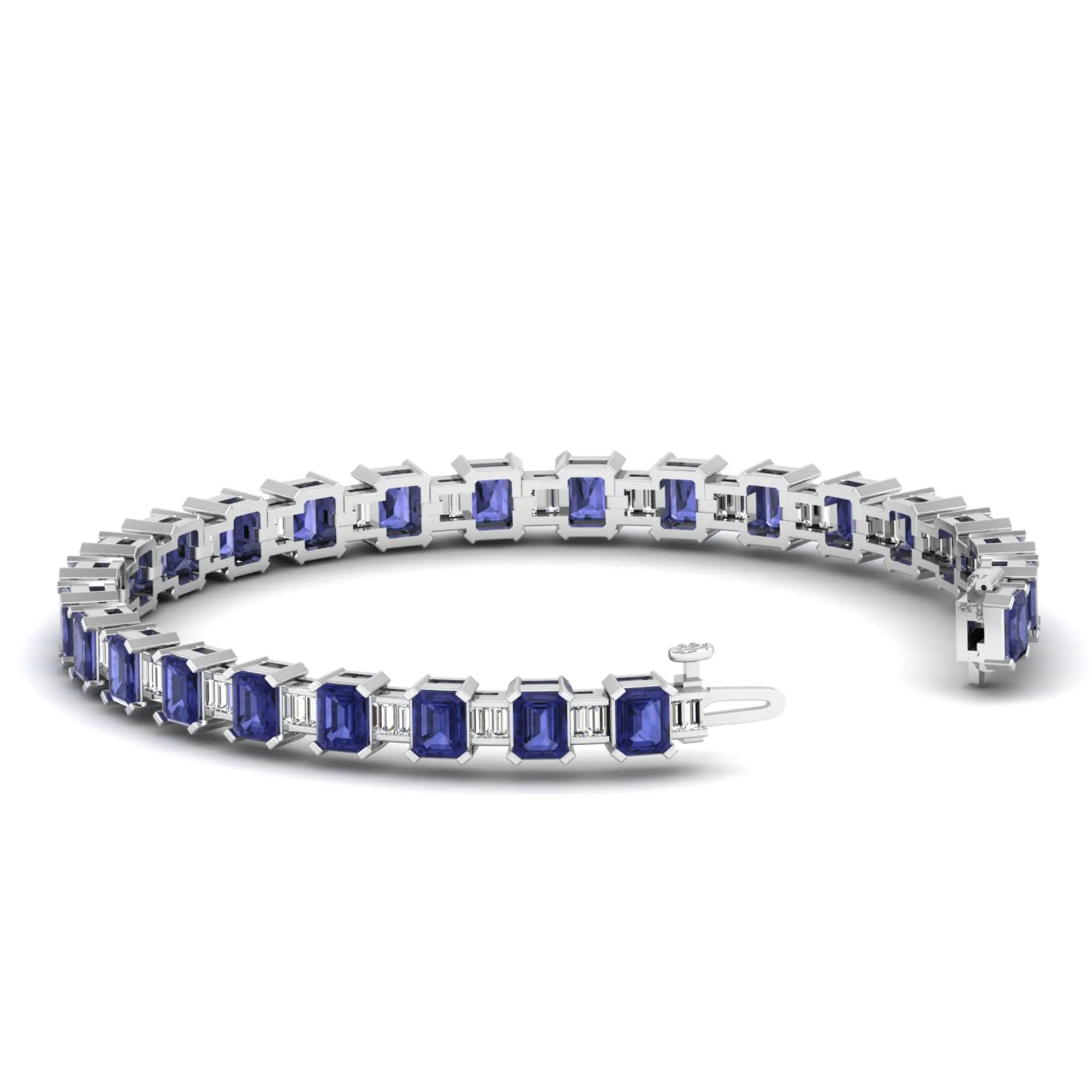Alternating Emerald Cut Tanzanite and Baguette Diamond Tennis Bracelet