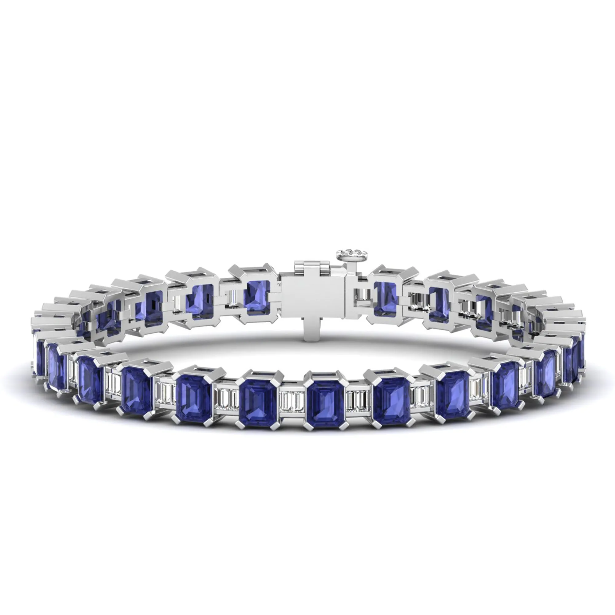 Alternating Emerald Cut Tanzanite and Baguette Diamond Tennis Bracelet