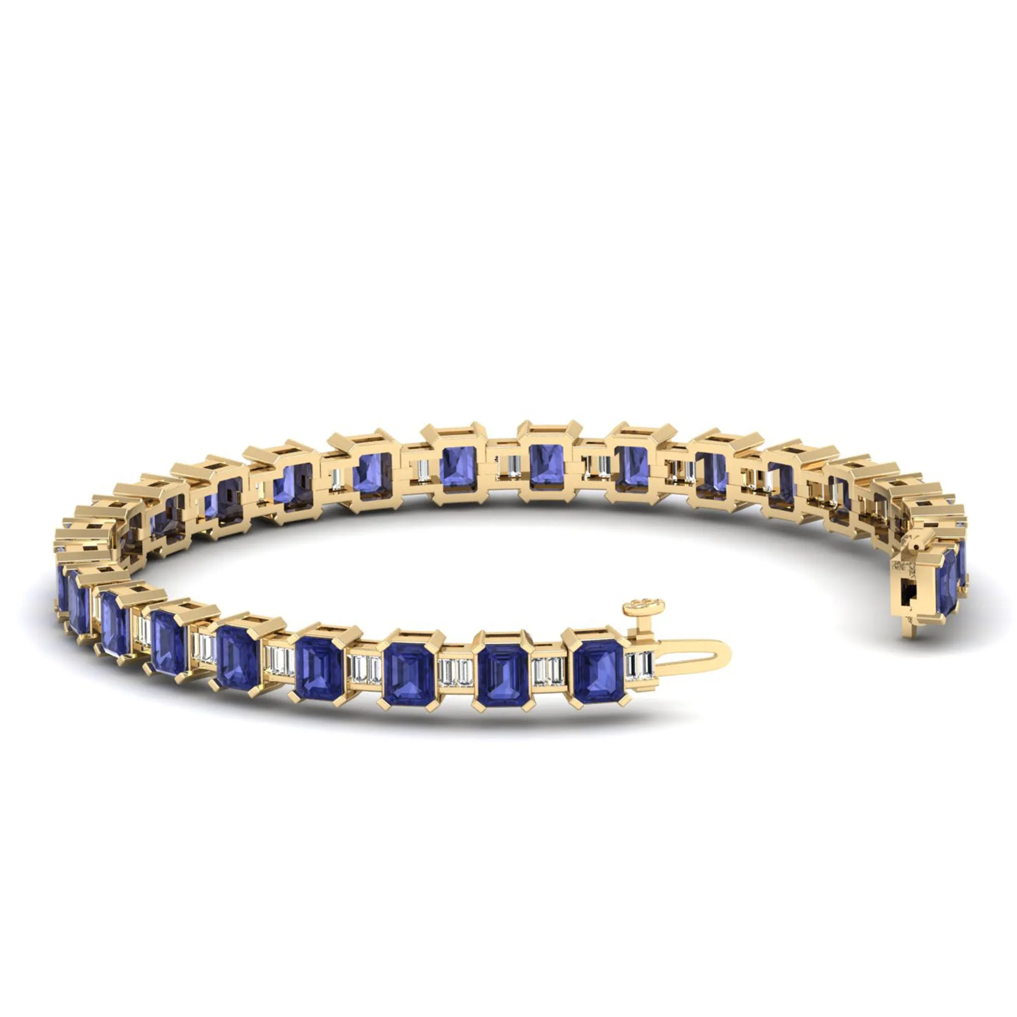 Alternating Emerald Cut Tanzanite and Baguette Diamond Tennis Bracelet