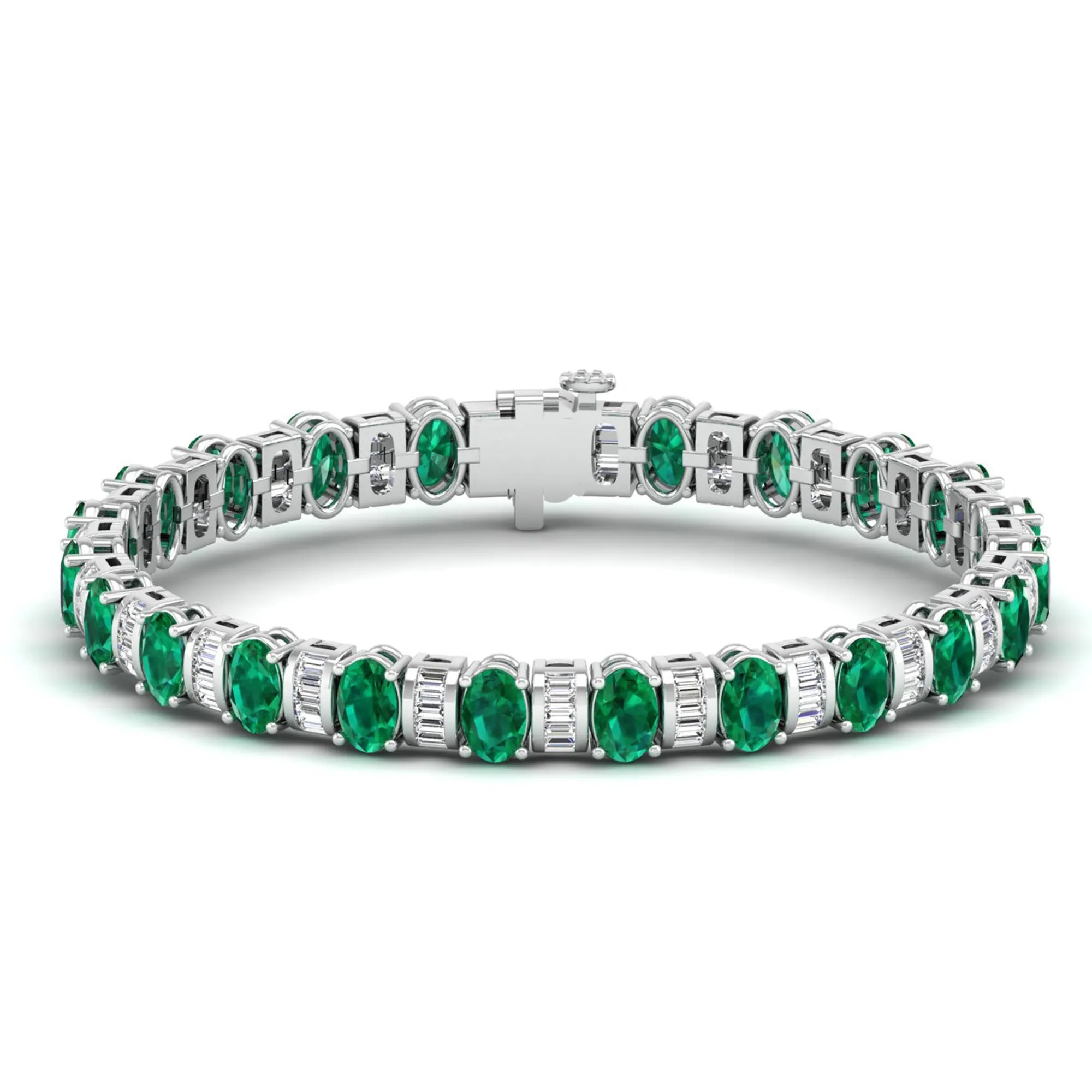 Alternating Oval Emerald and Baguette Diamond Tennis Bracelet