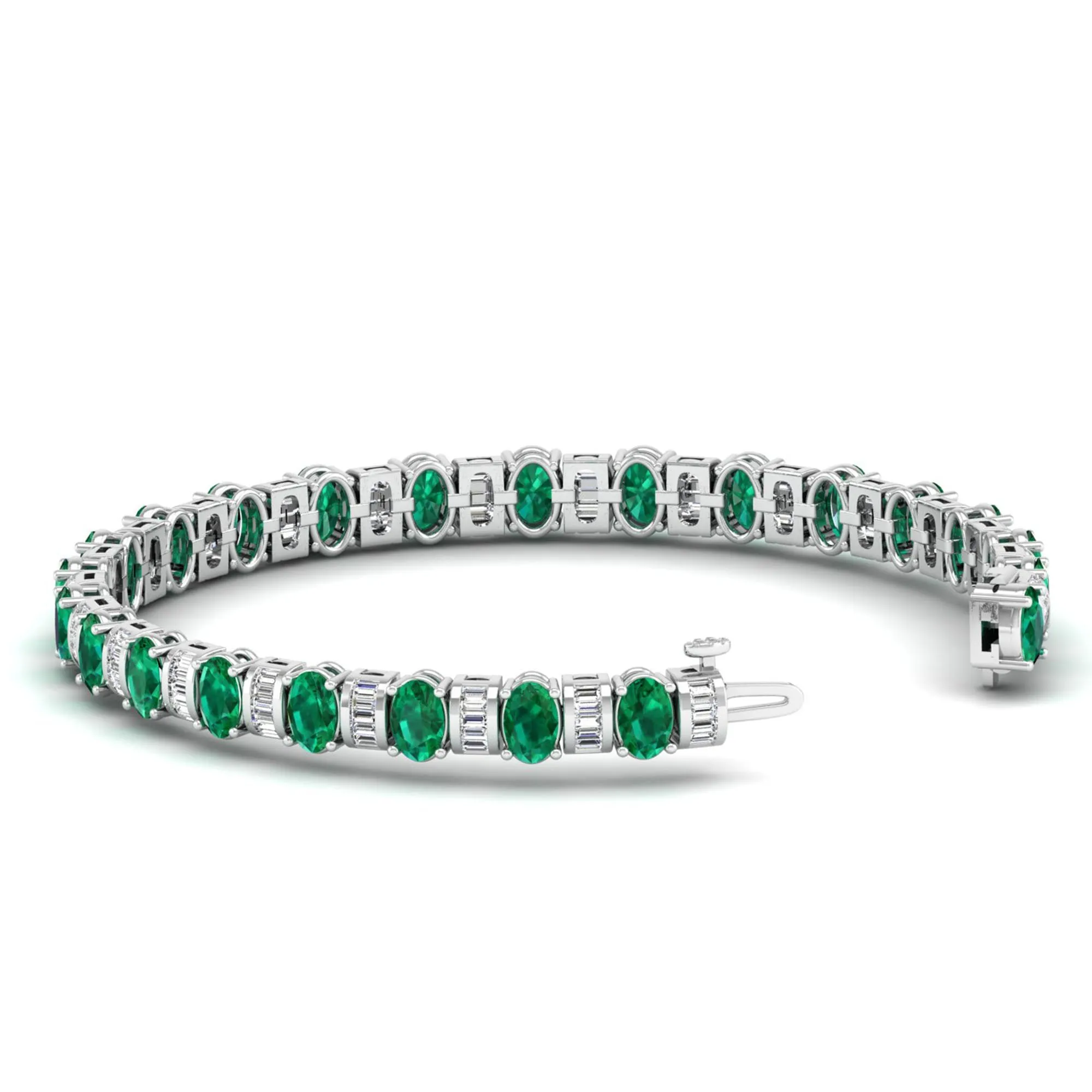 Alternating Oval Emerald and Baguette Diamond Tennis Bracelet