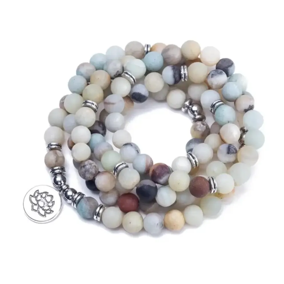Amazonite Mala Beads Bracelet with Lotus Charm