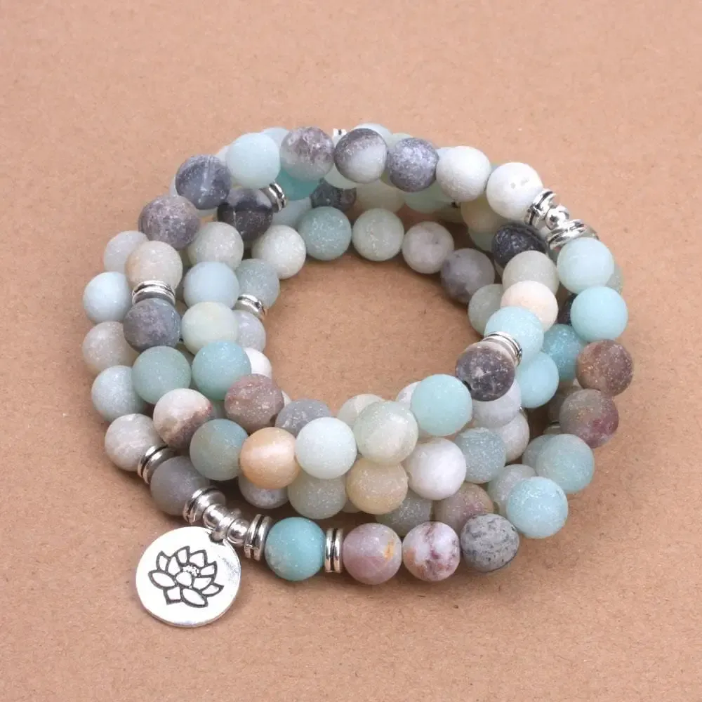 Amazonite Mala Beads Bracelet with Lotus Charm