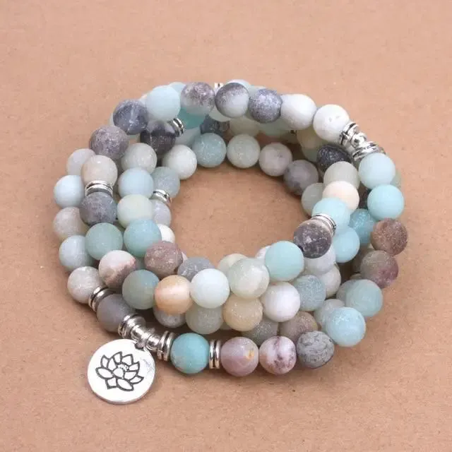 Amazonite Mala Beads Bracelet with Lotus Charm