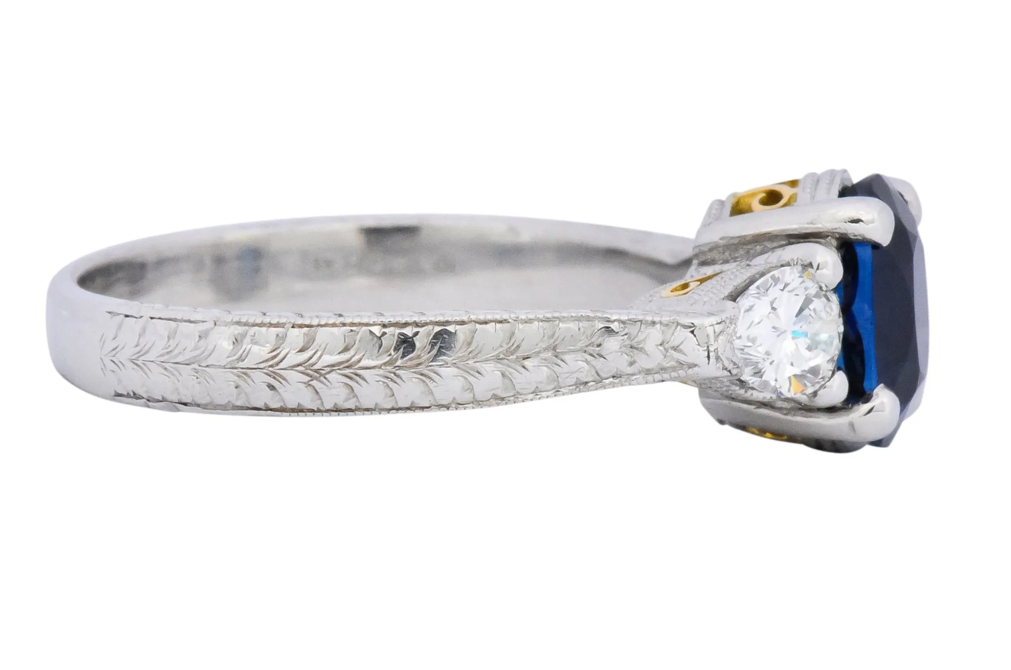 Antique 2.35 CTW Sapphire Diamond Gold Platinum Three Stone Ring
