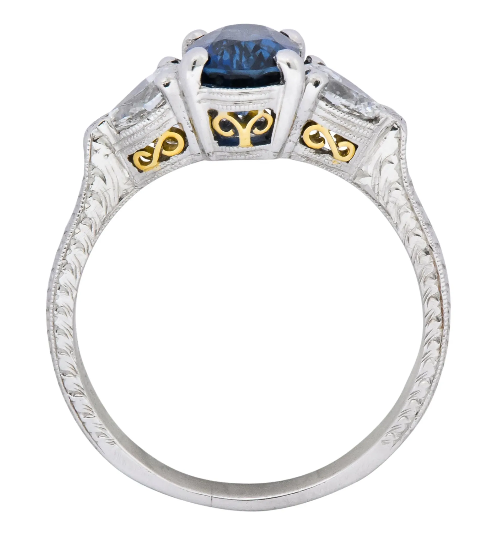 Antique 2.35 CTW Sapphire Diamond Gold Platinum Three Stone Ring
