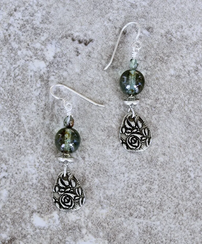 Aqua Czech Druk Glass Rounds with Czech Fire Polished Glass, Stamped Sterling Rondelles, TierraCast Charms, and Sterling Silver Earring Wires