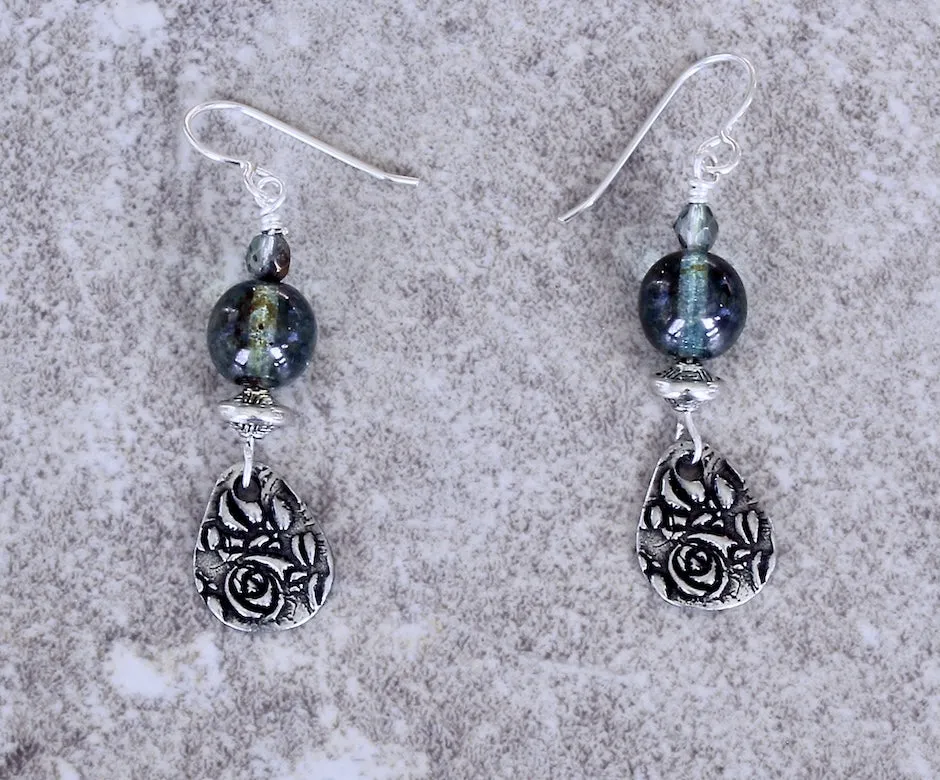 Aqua Czech Druk Glass Rounds with Czech Fire Polished Glass, Stamped Sterling Rondelles, TierraCast Charms, and Sterling Silver Earring Wires