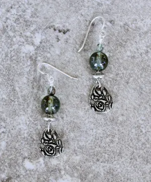 Aqua Czech Druk Glass Rounds with Czech Fire Polished Glass, Stamped Sterling Rondelles, TierraCast Charms, and Sterling Silver Earring Wires