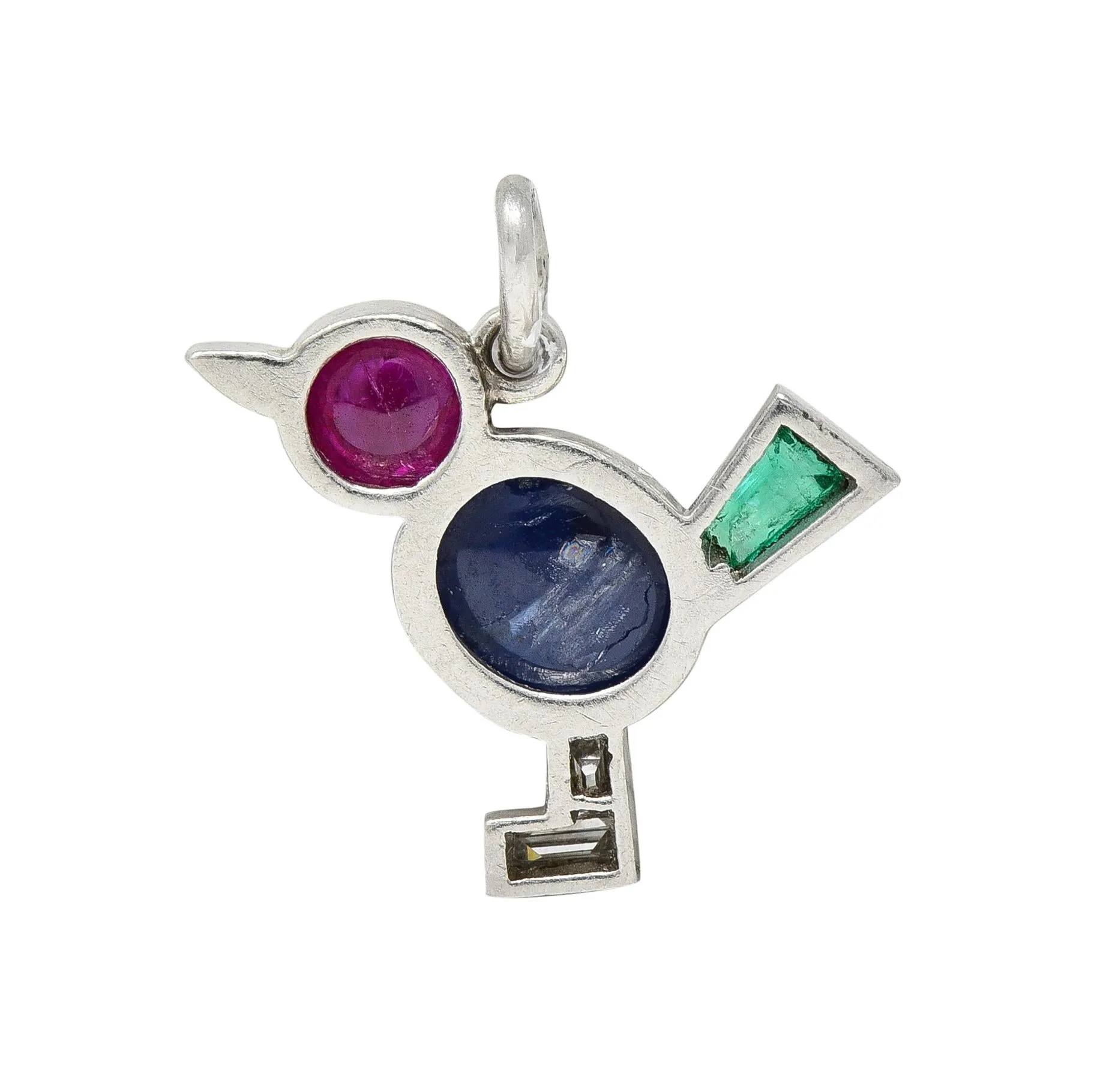 Art Deco 1.31 CTW Diamond Ruby Sapphire Emerald Platinum Vintage Bird Animal Charm