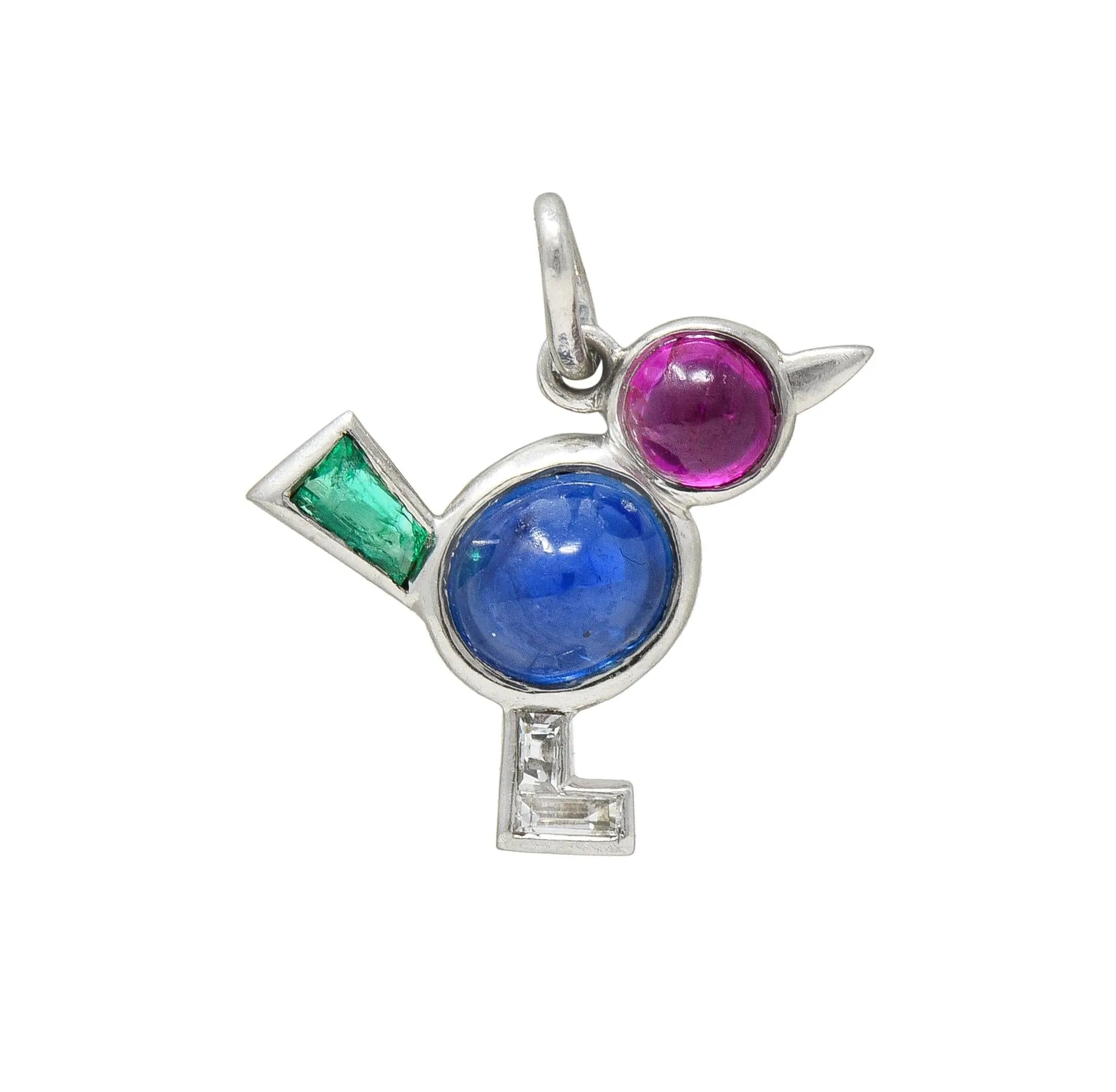 Art Deco 1.31 CTW Diamond Ruby Sapphire Emerald Platinum Vintage Bird Animal Charm