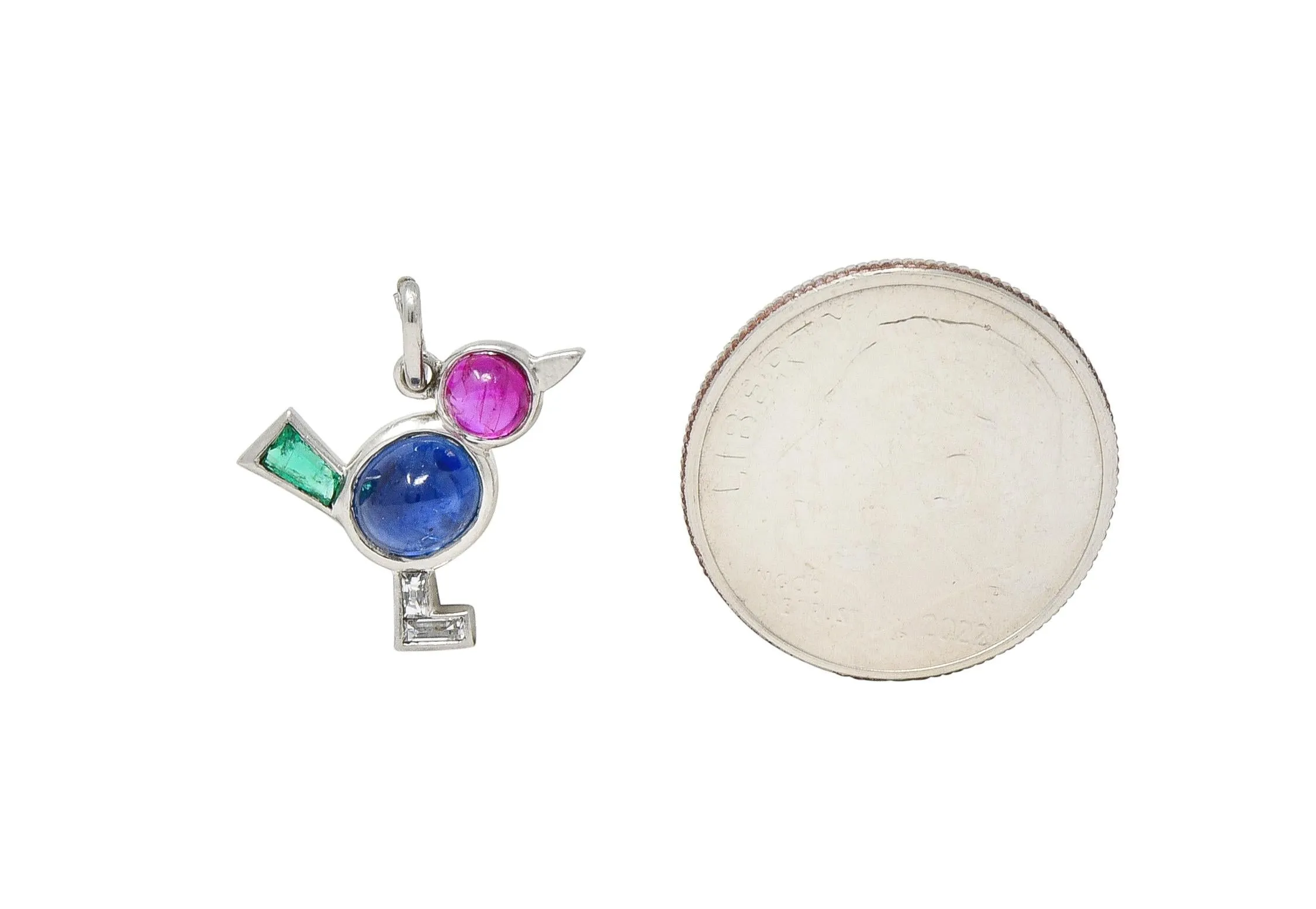 Art Deco 1.31 CTW Diamond Ruby Sapphire Emerald Platinum Vintage Bird Animal Charm