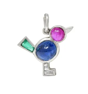 Art Deco 1.31 CTW Diamond Ruby Sapphire Emerald Platinum Vintage Bird Animal Charm