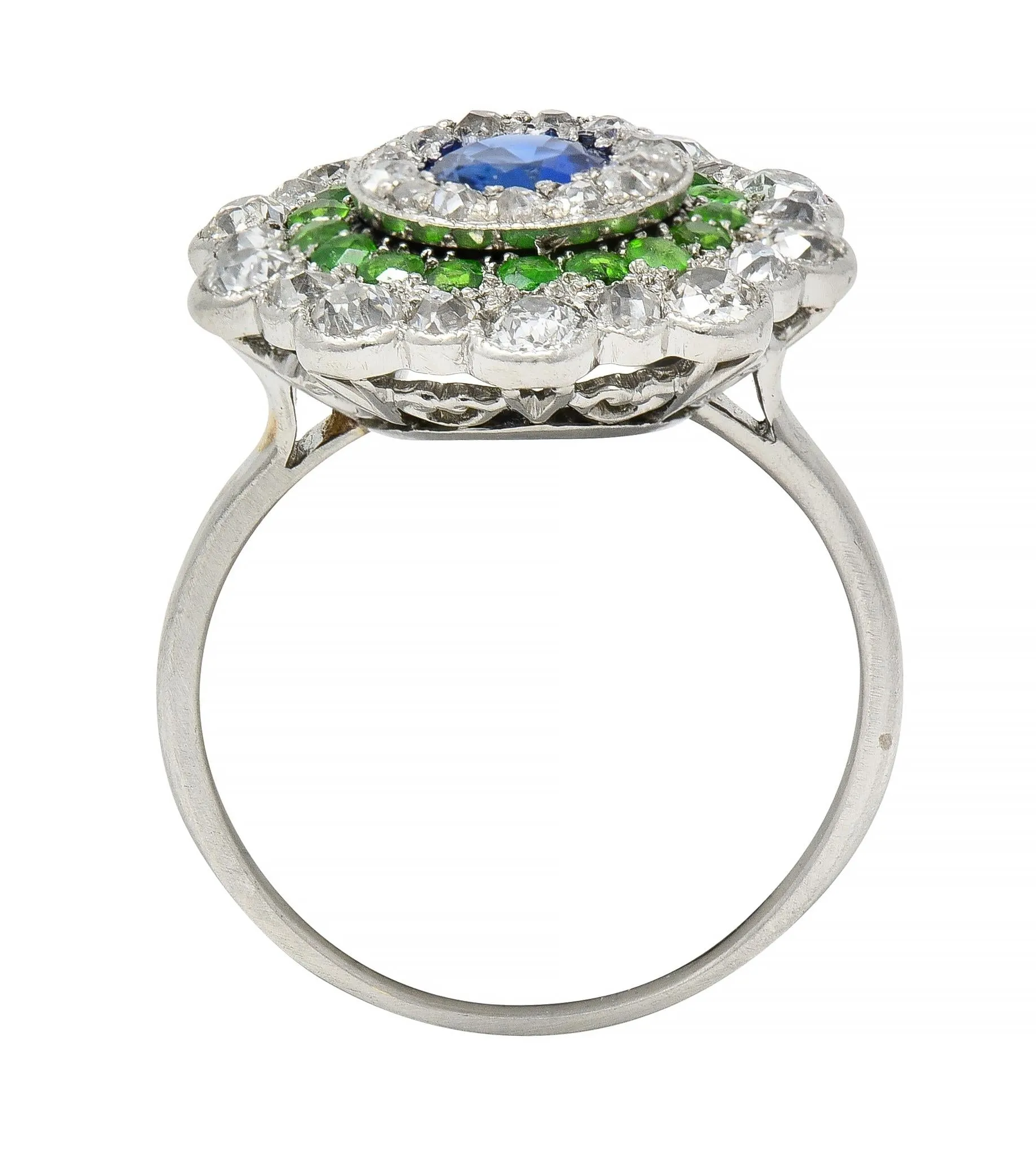 Art Deco 2.15 CTW Sapphire Demantoid Garnet Diamond Platinum Vintage Triple Halo Ring