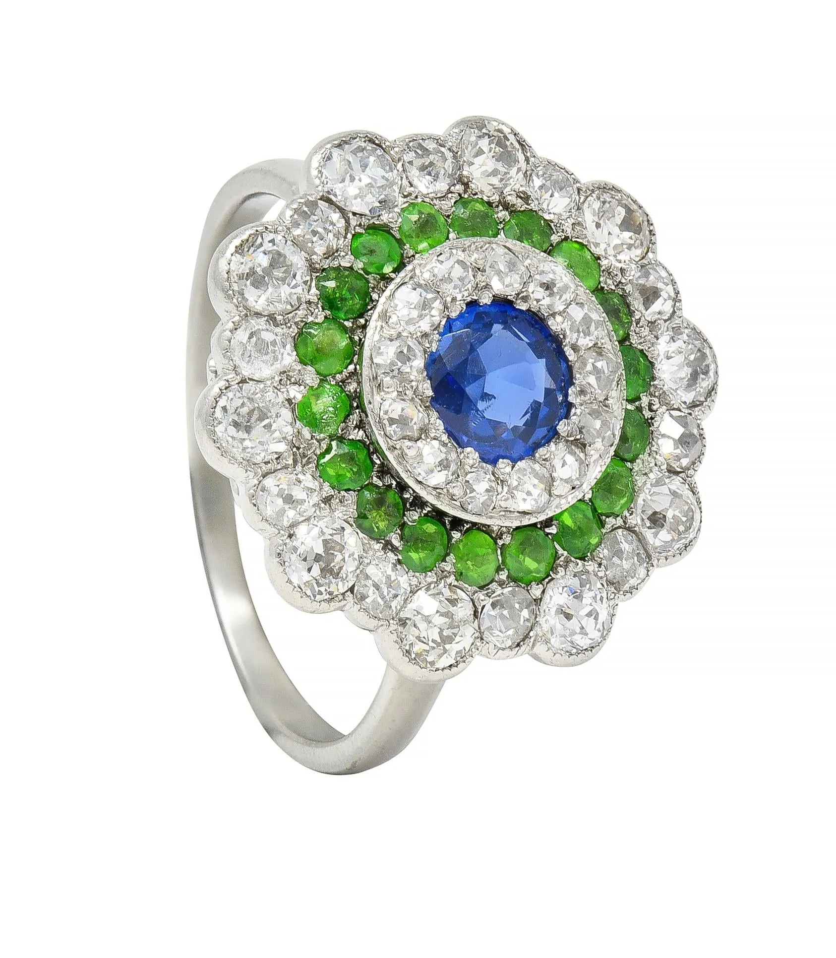 Art Deco 2.15 CTW Sapphire Demantoid Garnet Diamond Platinum Vintage Triple Halo Ring