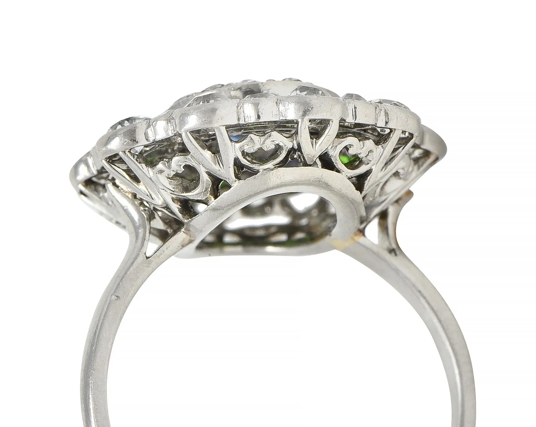Art Deco 2.15 CTW Sapphire Demantoid Garnet Diamond Platinum Vintage Triple Halo Ring
