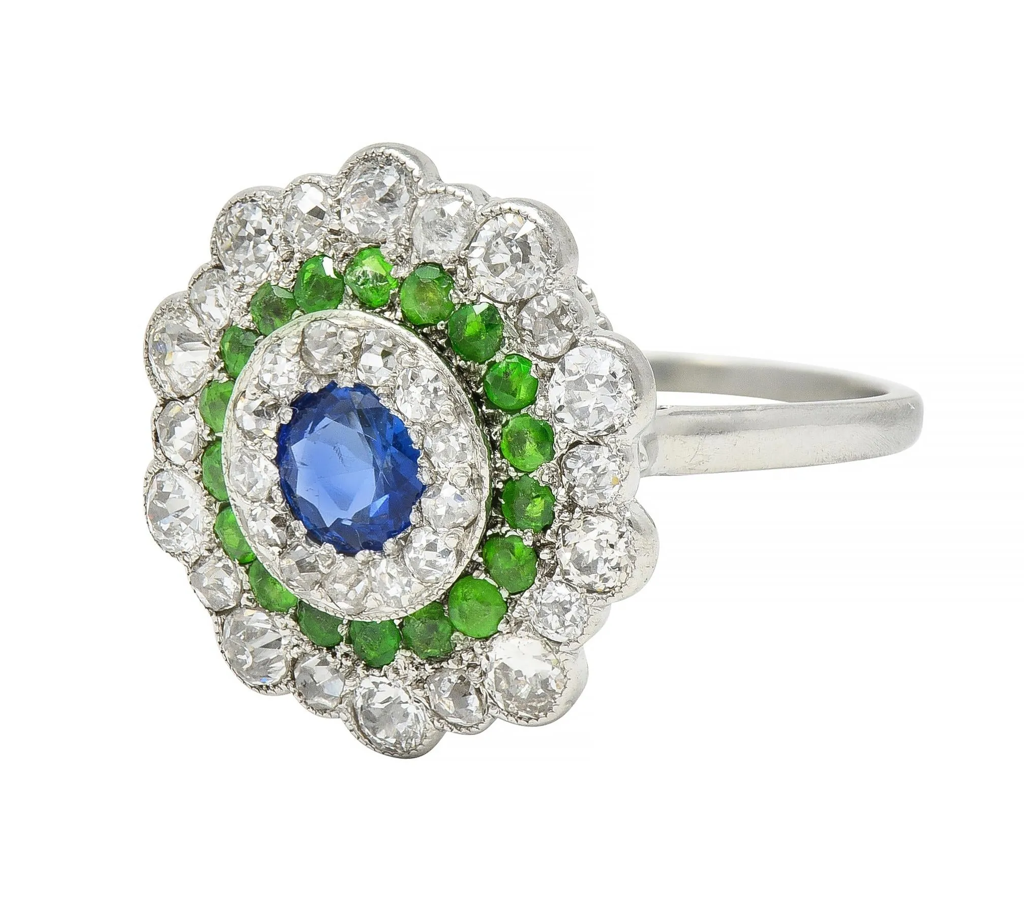 Art Deco 2.15 CTW Sapphire Demantoid Garnet Diamond Platinum Vintage Triple Halo Ring