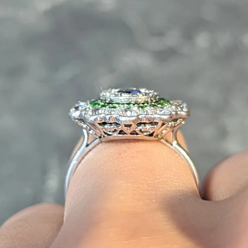 Art Deco 2.15 CTW Sapphire Demantoid Garnet Diamond Platinum Vintage Triple Halo Ring