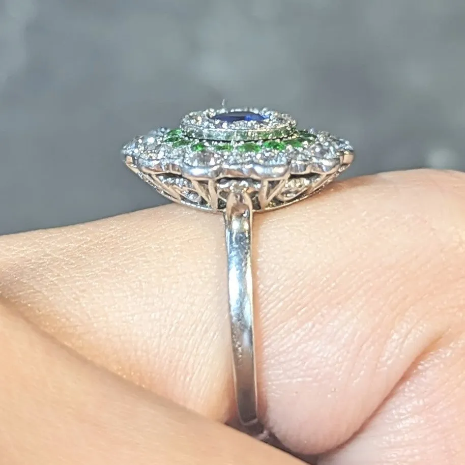 Art Deco 2.15 CTW Sapphire Demantoid Garnet Diamond Platinum Vintage Triple Halo Ring