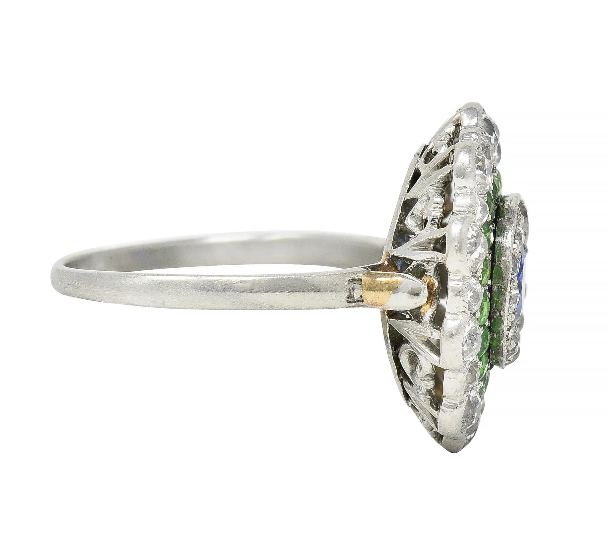 Art Deco 2.15 CTW Sapphire Demantoid Garnet Diamond Platinum Vintage Triple Halo Ring