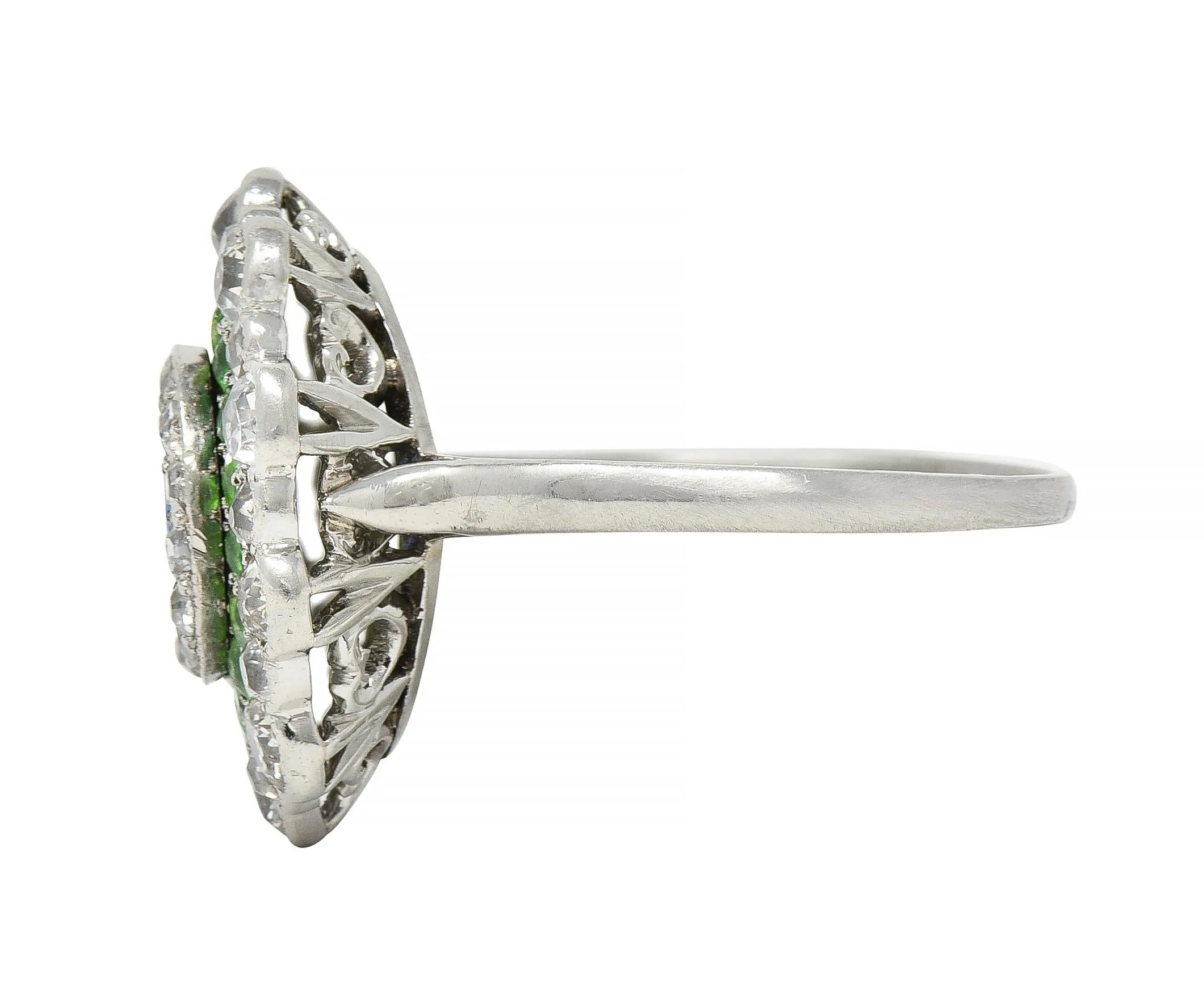 Art Deco 2.15 CTW Sapphire Demantoid Garnet Diamond Platinum Vintage Triple Halo Ring