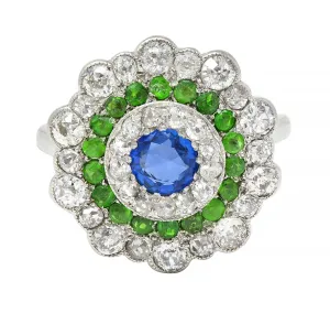 Art Deco 2.15 CTW Sapphire Demantoid Garnet Diamond Platinum Vintage Triple Halo Ring