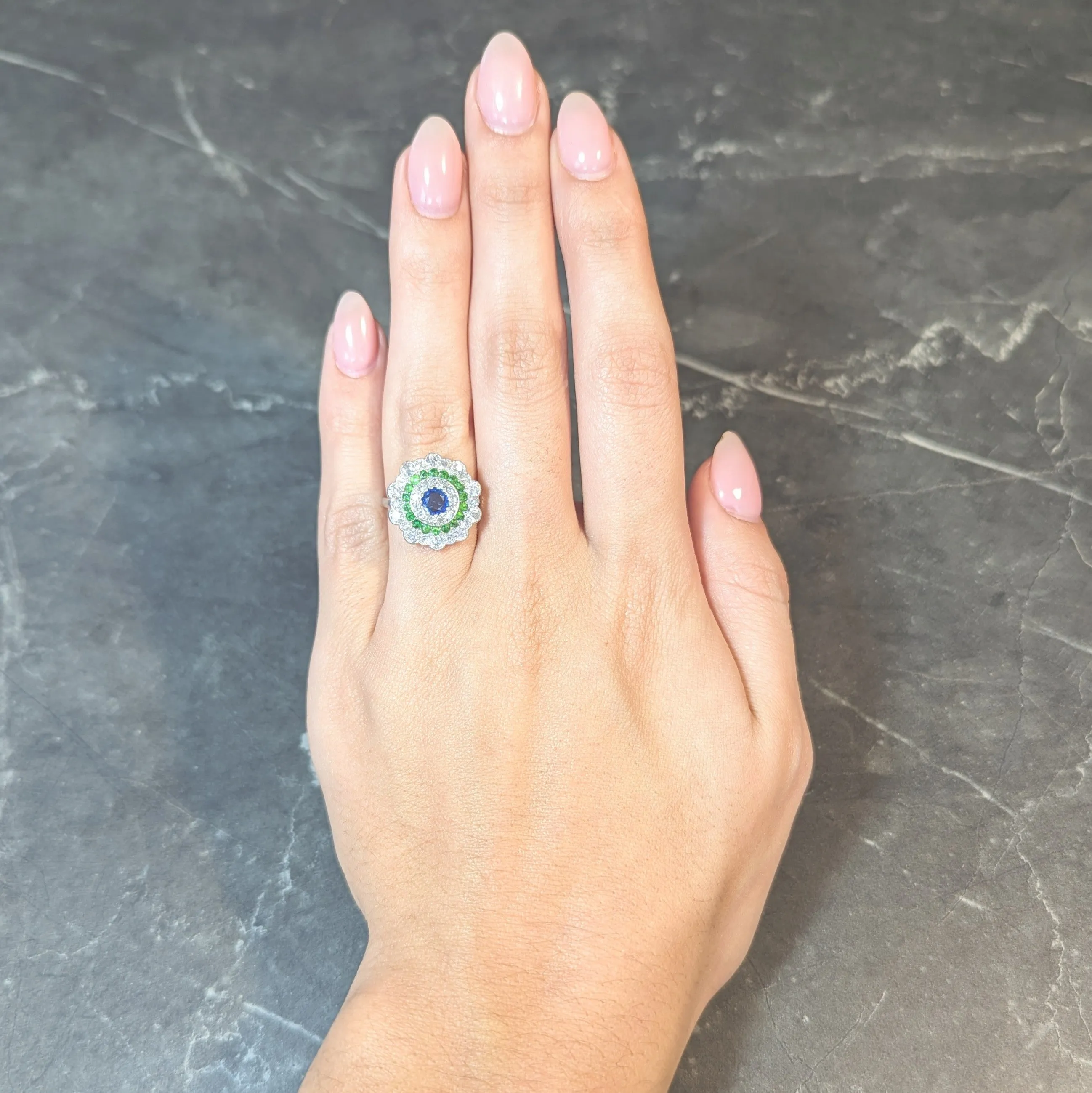 Art Deco 2.15 CTW Sapphire Demantoid Garnet Diamond Platinum Vintage Triple Halo Ring