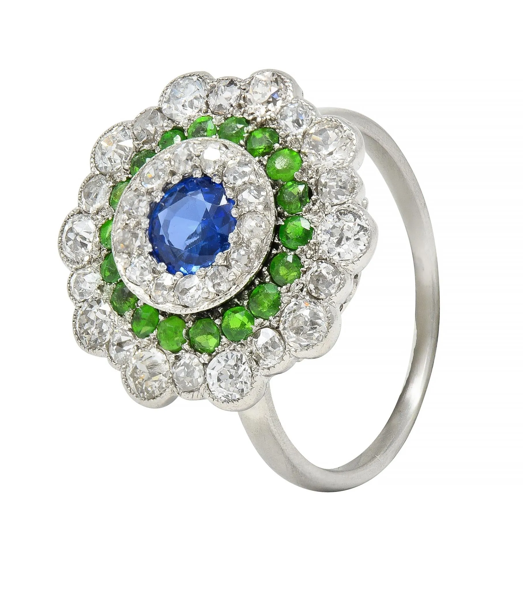 Art Deco 2.15 CTW Sapphire Demantoid Garnet Diamond Platinum Vintage Triple Halo Ring