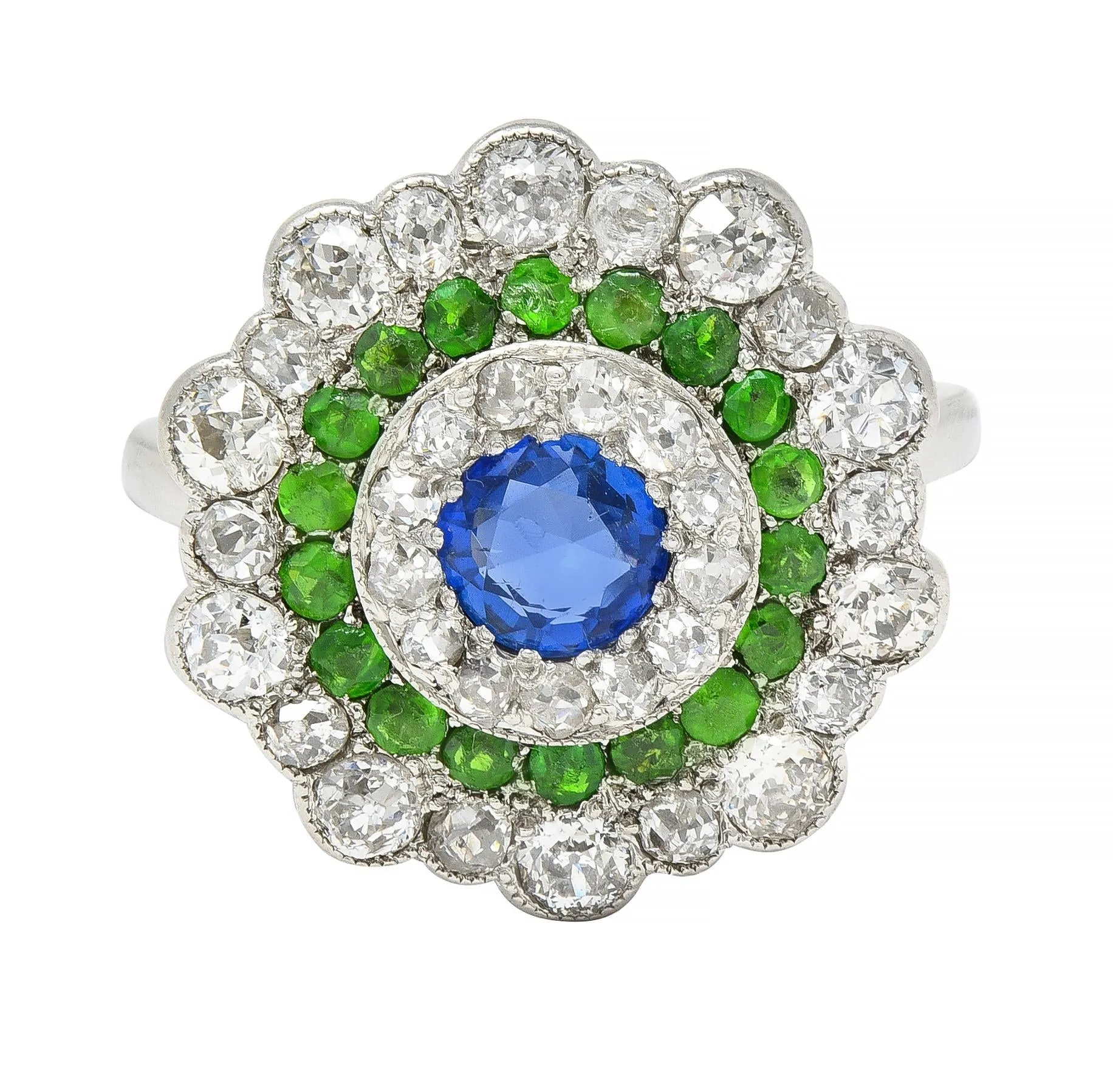 Art Deco 2.15 CTW Sapphire Demantoid Garnet Diamond Platinum Vintage Triple Halo Ring