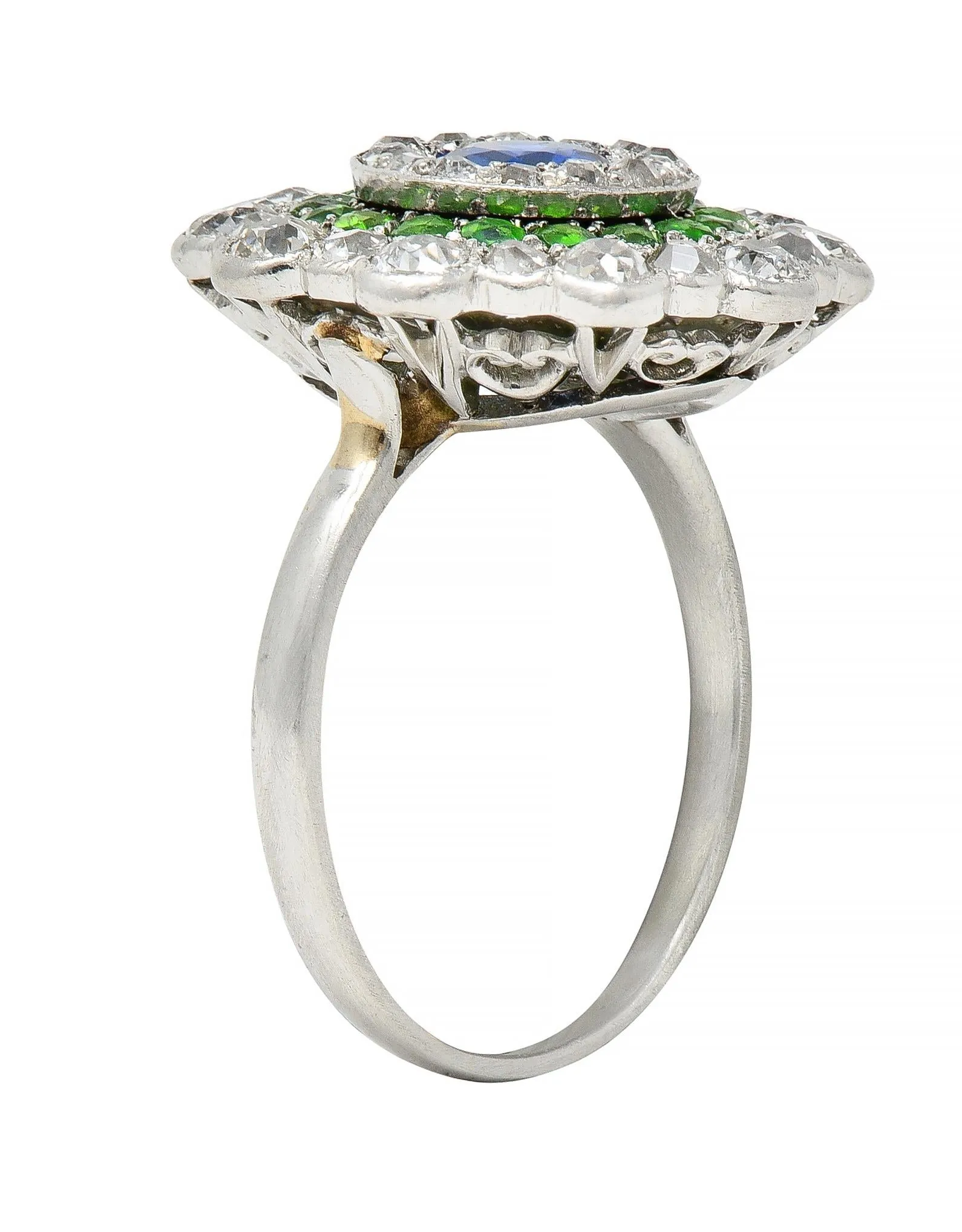 Art Deco 2.15 CTW Sapphire Demantoid Garnet Diamond Platinum Vintage Triple Halo Ring