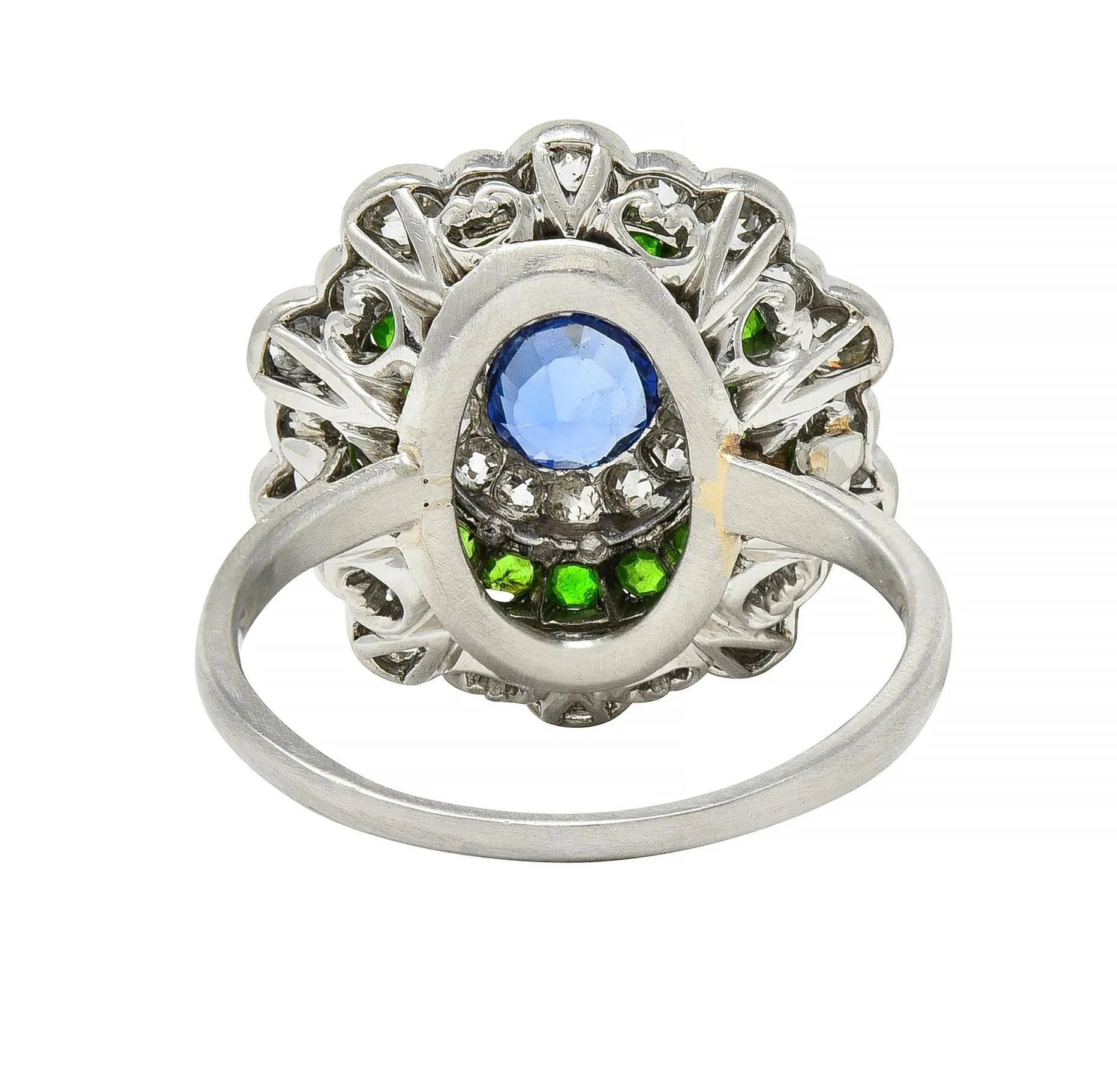 Art Deco 2.15 CTW Sapphire Demantoid Garnet Diamond Platinum Vintage Triple Halo Ring