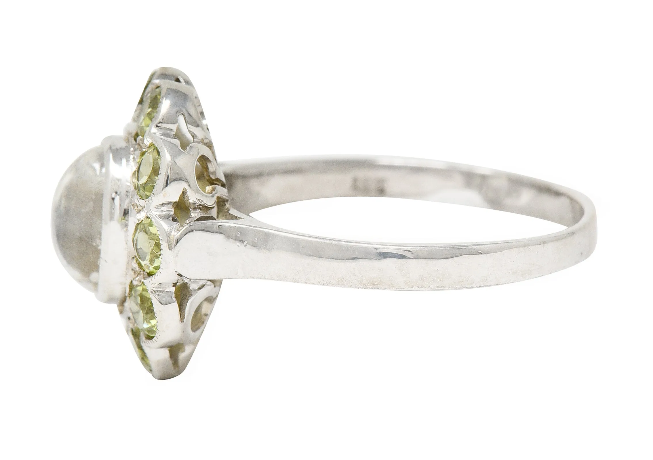 Art Deco Moonstone Peridot 18 Karat White Gold Halo Ring