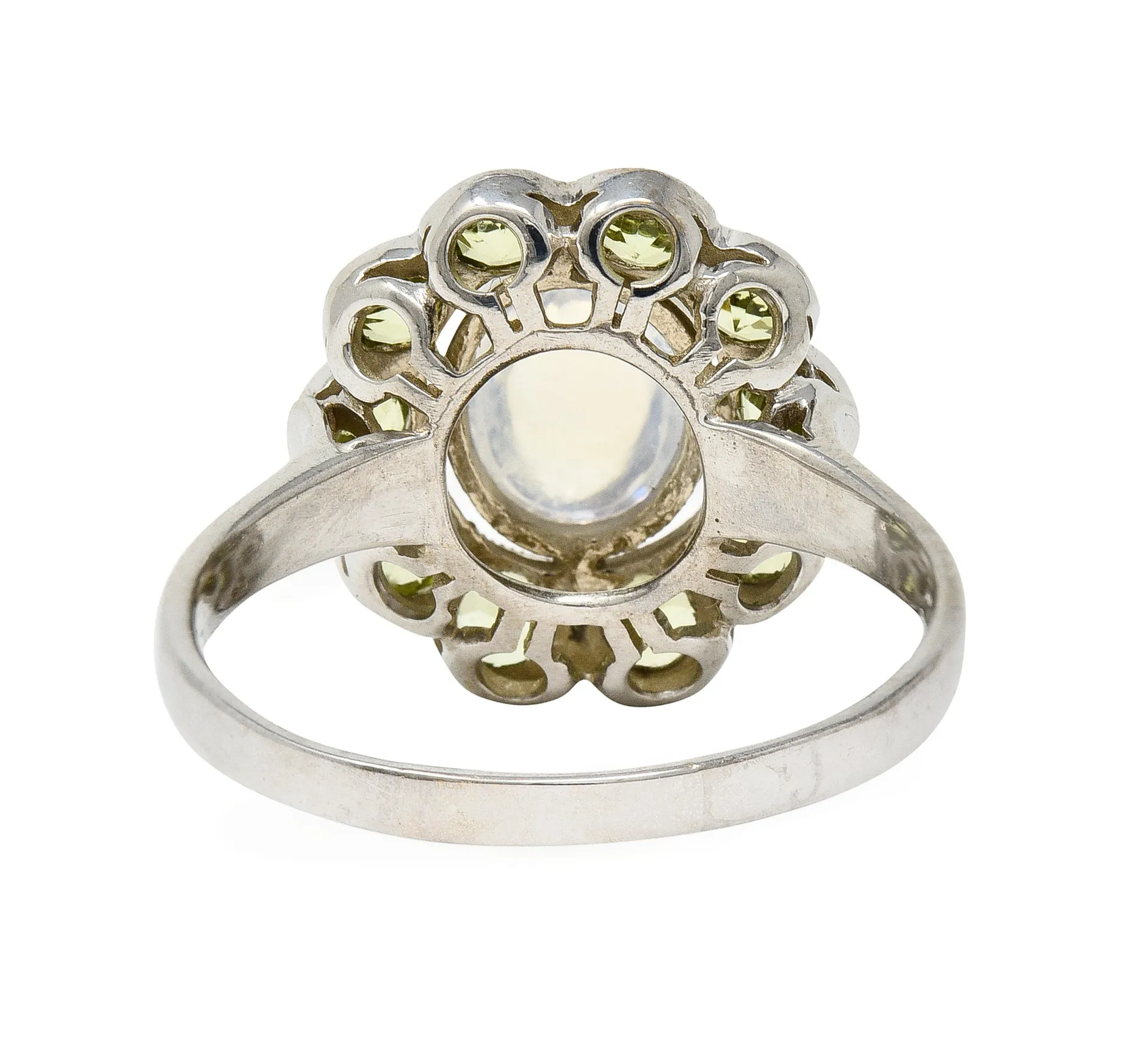Art Deco Moonstone Peridot 18 Karat White Gold Halo Ring