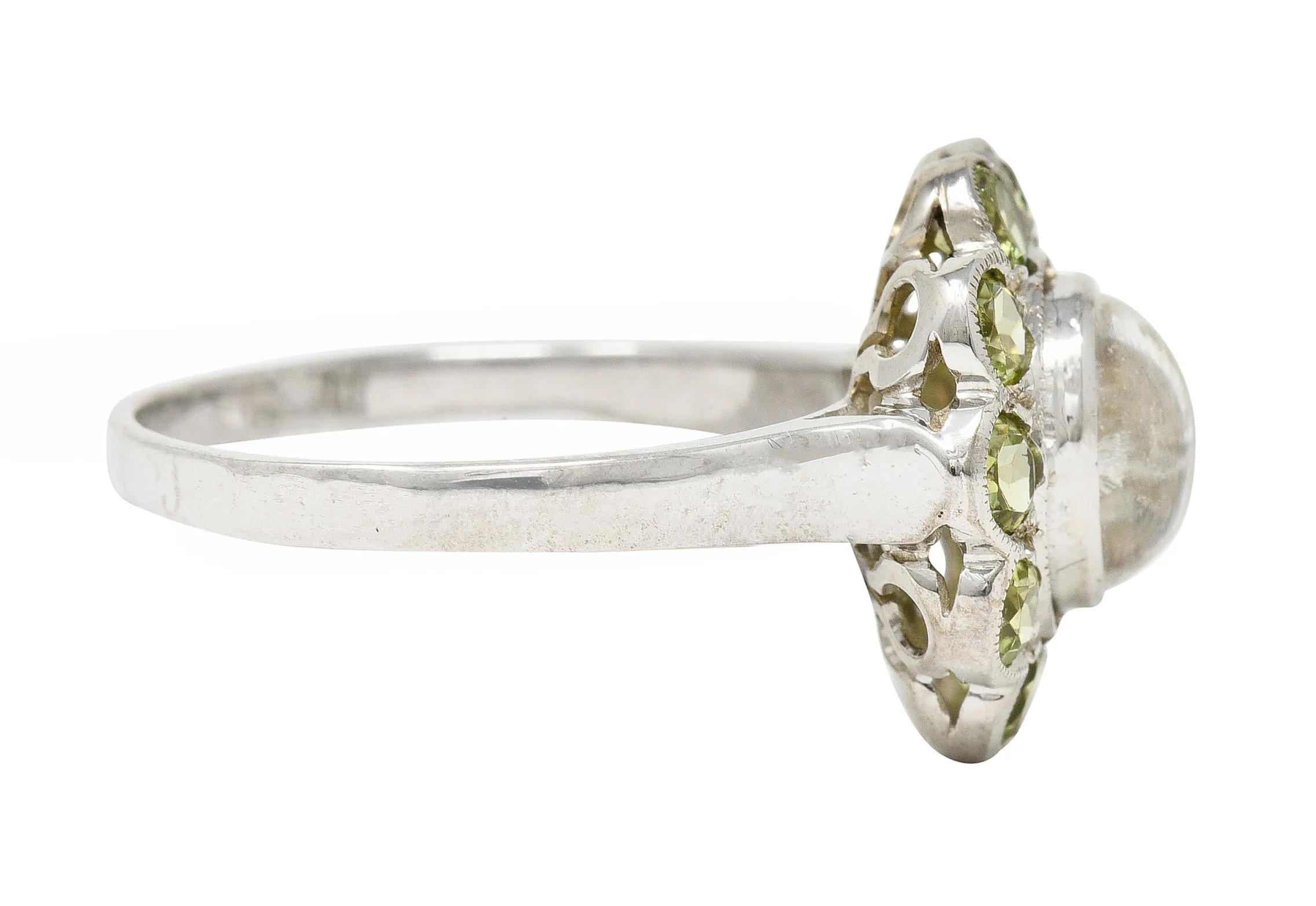 Art Deco Moonstone Peridot 18 Karat White Gold Halo Ring