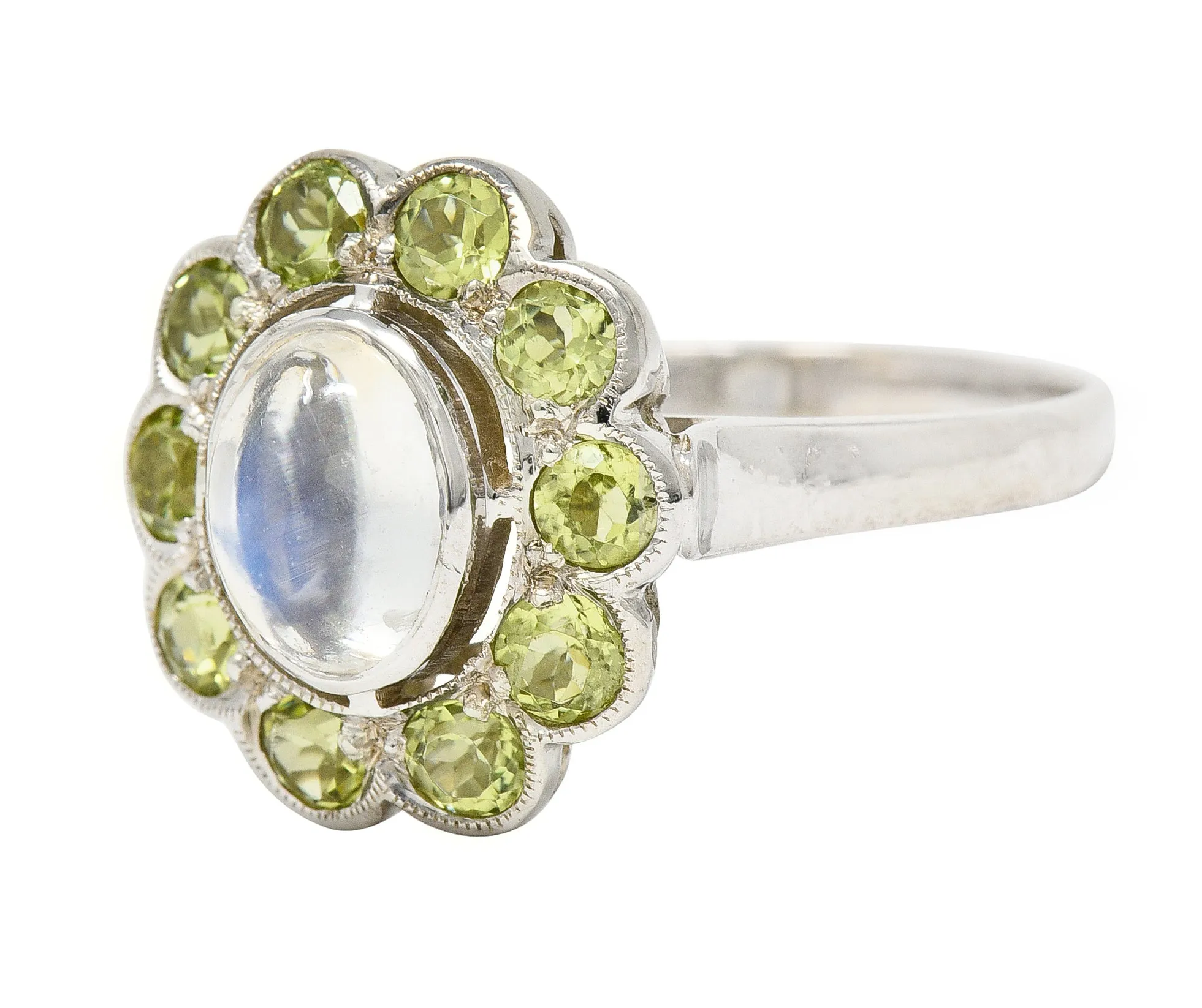 Art Deco Moonstone Peridot 18 Karat White Gold Halo Ring