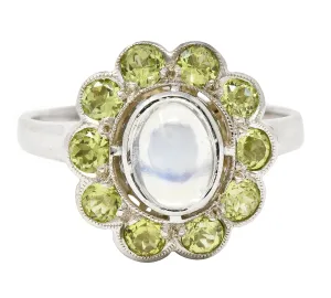Art Deco Moonstone Peridot 18 Karat White Gold Halo Ring