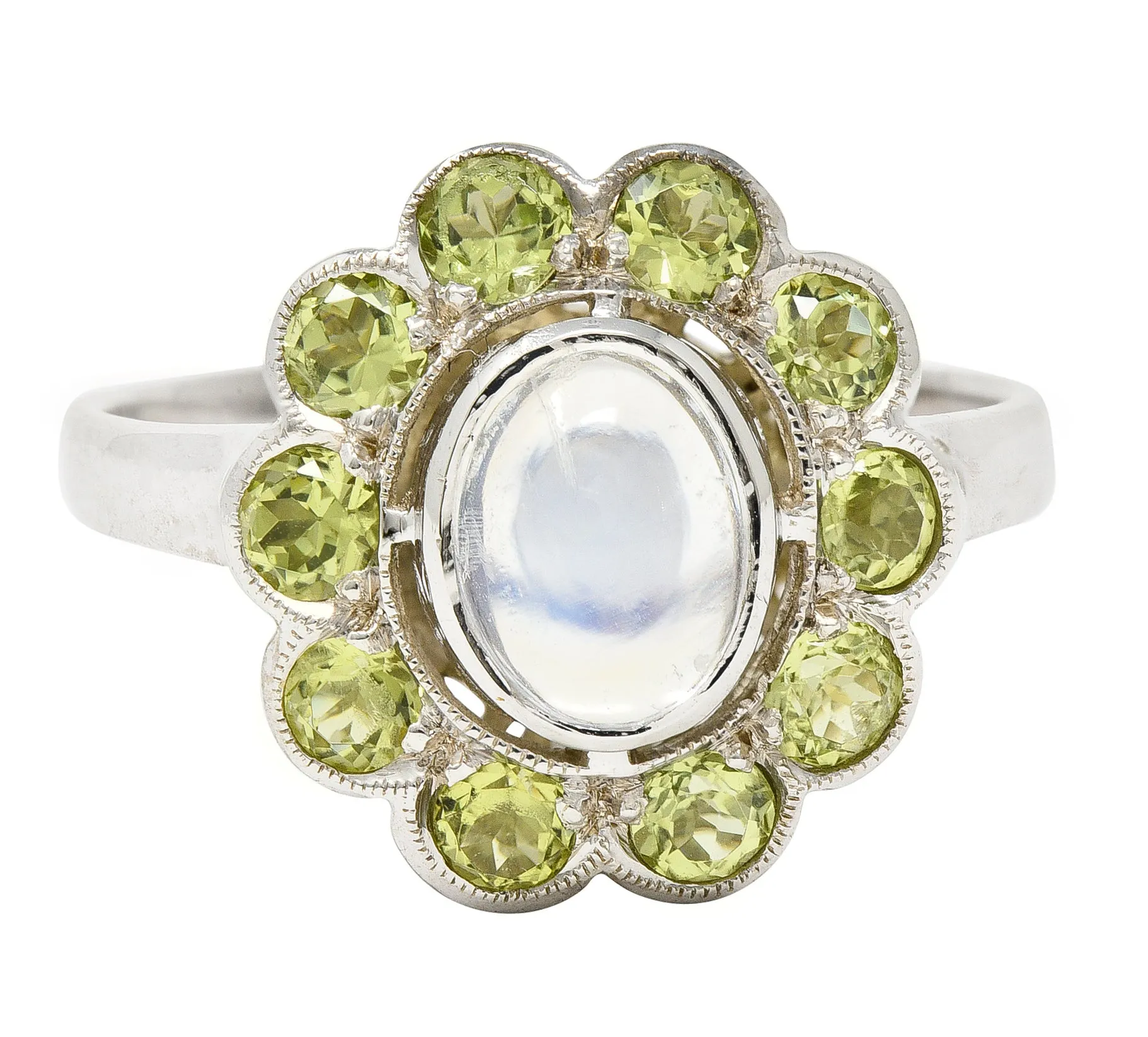 Art Deco Moonstone Peridot 18 Karat White Gold Halo Ring