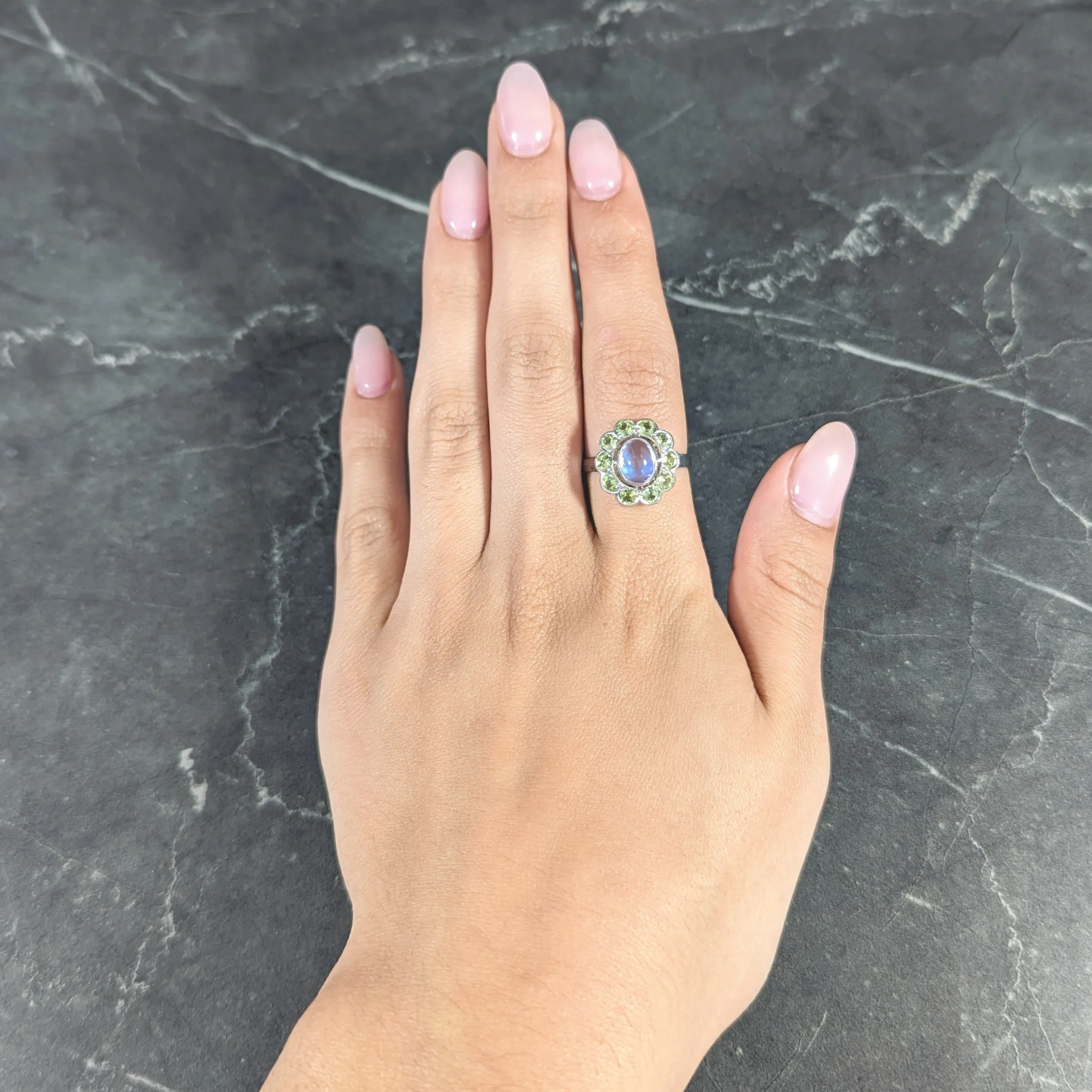 Art Deco Moonstone Peridot 18 Karat White Gold Halo Ring